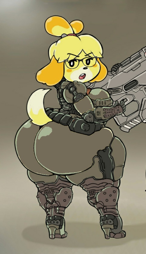 1girls, 2021, animal crossing, armor, ass, bendacriss, bethesda softworks, bfg (doom), canine, cute, doom, female, glasses, high heels, huge ass, isabelle (animal crossing), nintendo, source request