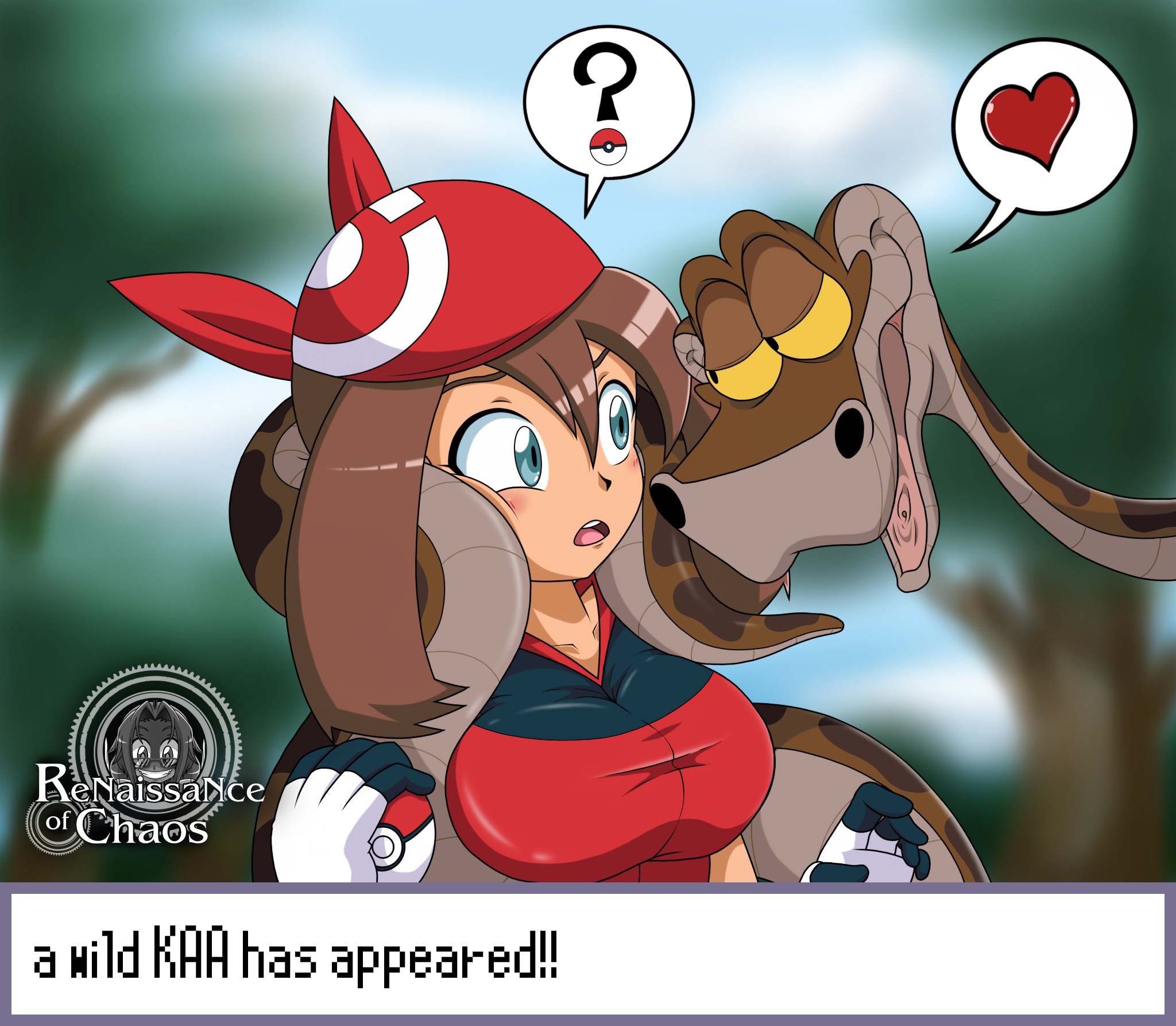 ?, 1girls, artist name, bandana, confused, crossover, disney, eastern and western character, female, heart, imminent zoophilia, implied sex, kaa, may (pokemon), nintendo, pokemon, pokemon rse, renaissanceofchaos, text, the jungle book
