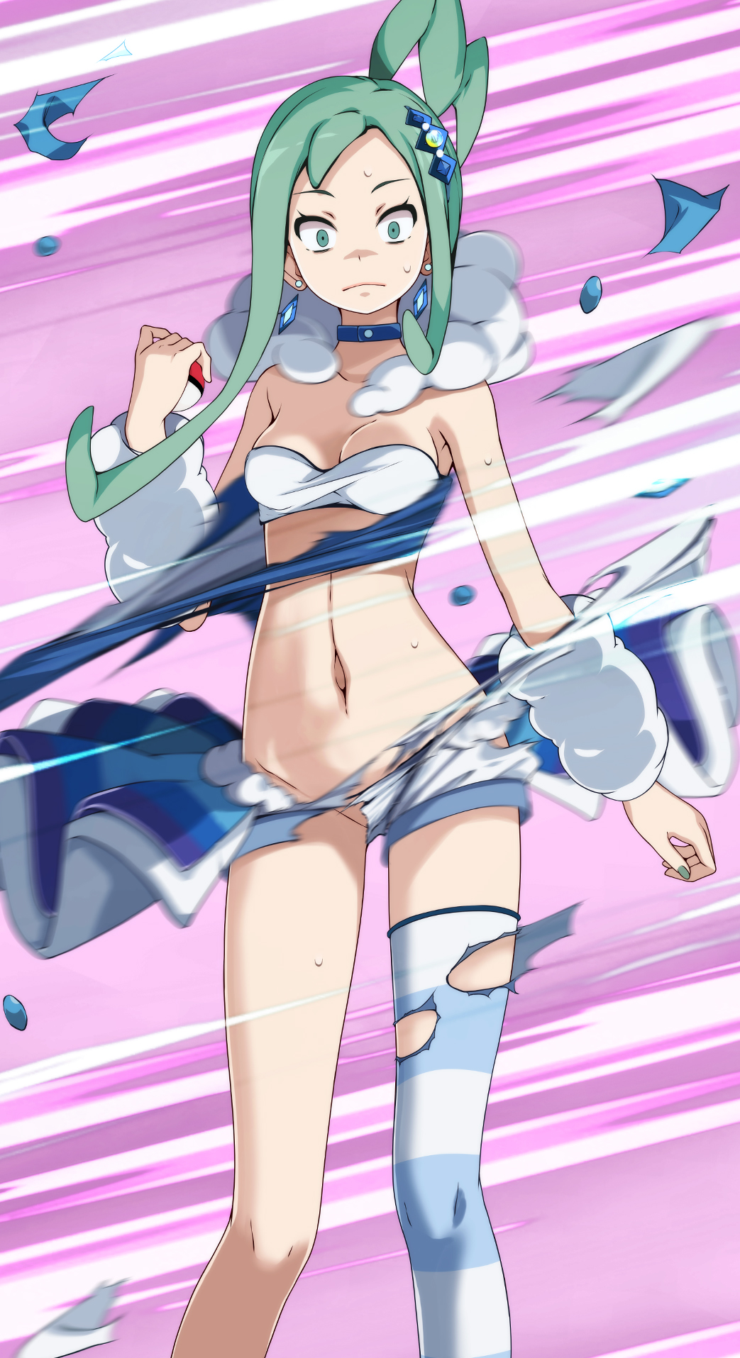 blue choker, blue skirt, breasts, choker, cleavage, creatures (company), female, game freak, green eyes, green hair, hair ornament, highres, lisia (pokemon), looking at viewer, medium breasts, navel, nintendo, pink background, poke ball, pokemon, pokemon (game), pokemon oras, skirt, solo, standing, striped, striped legwear, torn clothes, torn skirt, tsukishiro saika