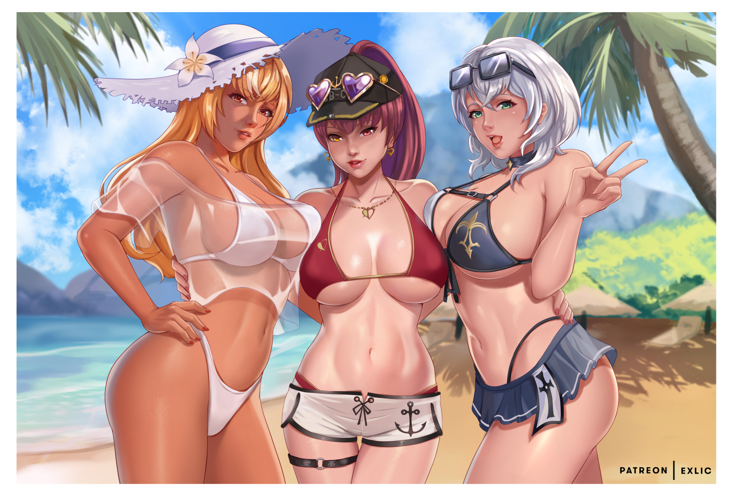 3girls, big breasts, bikini, blonde hair, breasts, cleavage, clothed, dark skin, dark-skinned female, exlic, female, female only, green eyes, hololive, hololive fantasy, hololive japan, houshou marine, large breasts, long hair, looking at viewer, navel, peace sign, ponytail, red hair, revealing clothes, shiranui flare, shirogane noel, skimpy, sunglasses, sunglasses on head, thick thighs, virtual youtuber, white hair, wide hips