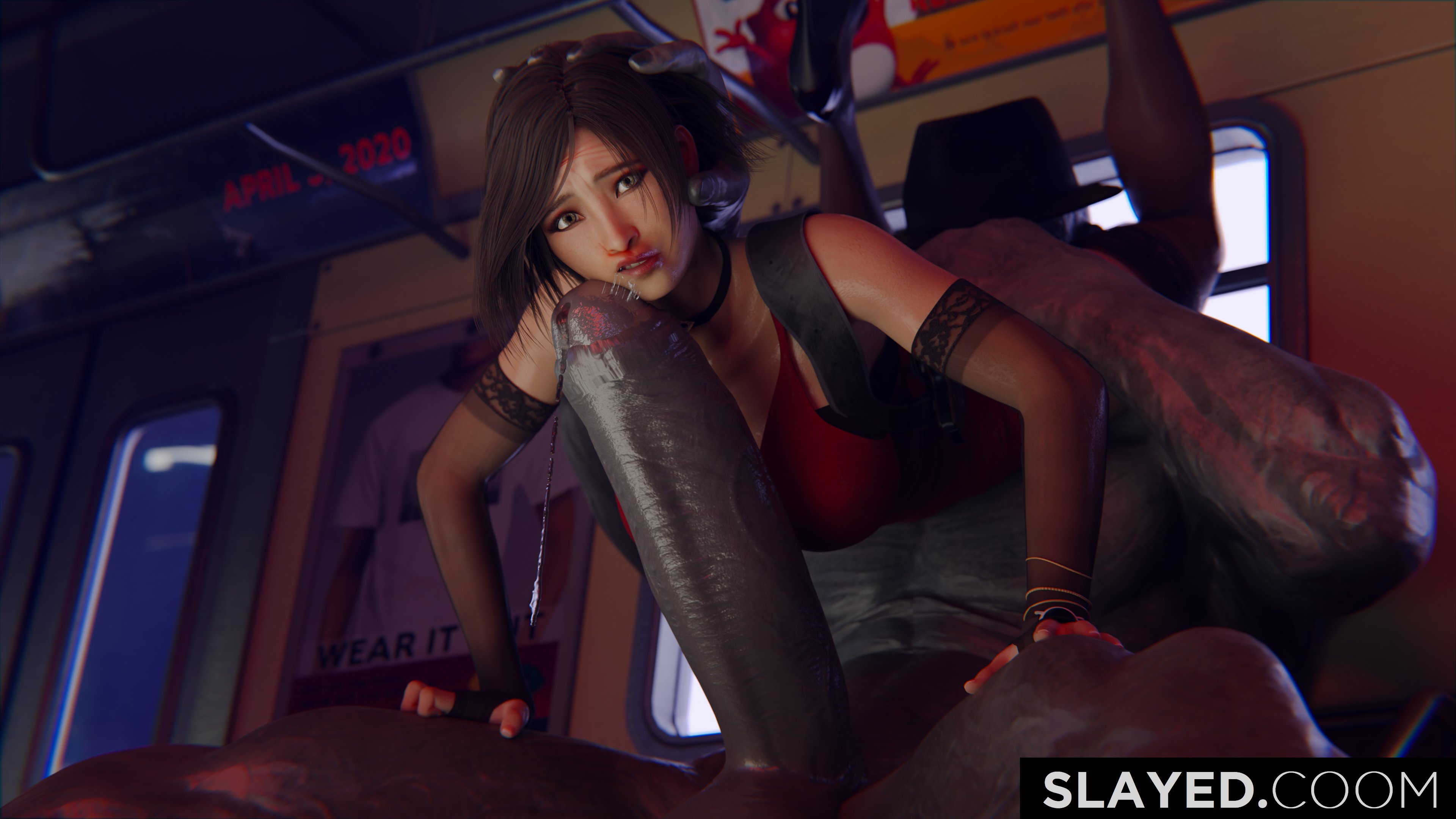 1boy, 1girls, 3d, ada wong, ada wong (adriana), big dom small sub, black hair, capcom, choker, cock, dripping, dripping precum, face on penis, female, female focus, grey skin, hand on another's head, hand on head, hand on thigh, huge cock, legs up, looking at viewer, male, mr x, penis, penis on face, penis out, precum, precum drip, precum string, pushing down, resident evil, resident evil 2, resident evil 2 remake, short hair, simple background, slayed.coom, train, train interior, tyrant