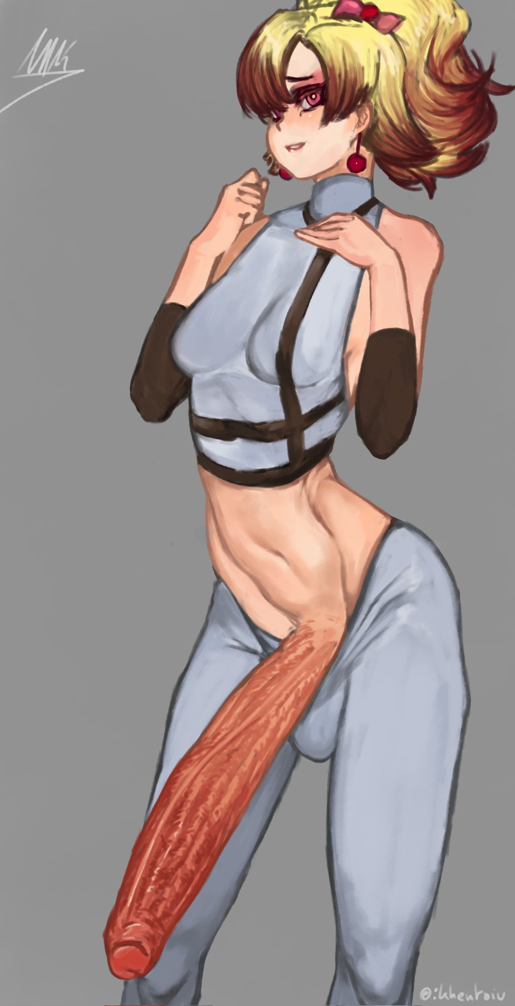 1futa, arched back, balls, blonde hair, breasts, clothed, clothing, erection, foreskin, futa only, futanari, huge cock, human, intersex, khentaiu, light skin, light-skinned futa, long penis, mostly clothed, navel, pale skin, penis, penis to the knees, red hair, short hair, solo, standing, two-tone hair, uncircumcised, uncut