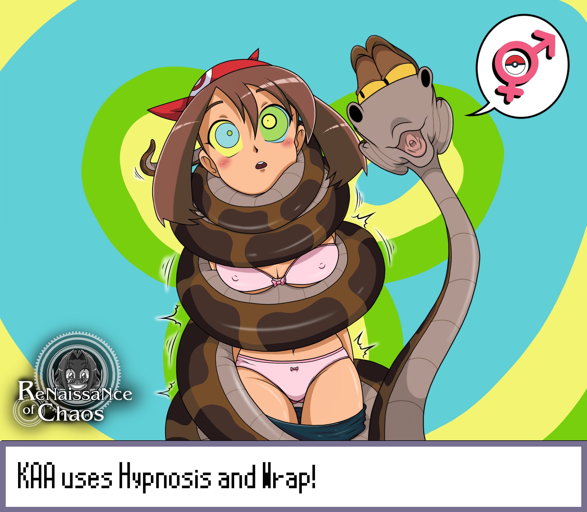 asphyxiation, bra, constriction, crossover, disney, eastern and western character, female, hypnosis, kaa, kaa eyes, may (pokemon), mind control, nipple bulge, panties, pink bra, pink panties, pink underwear, pokemon, pokemon rse, pokemon trainer, renaissanceofchaos, strangling, the jungle book, wrapped