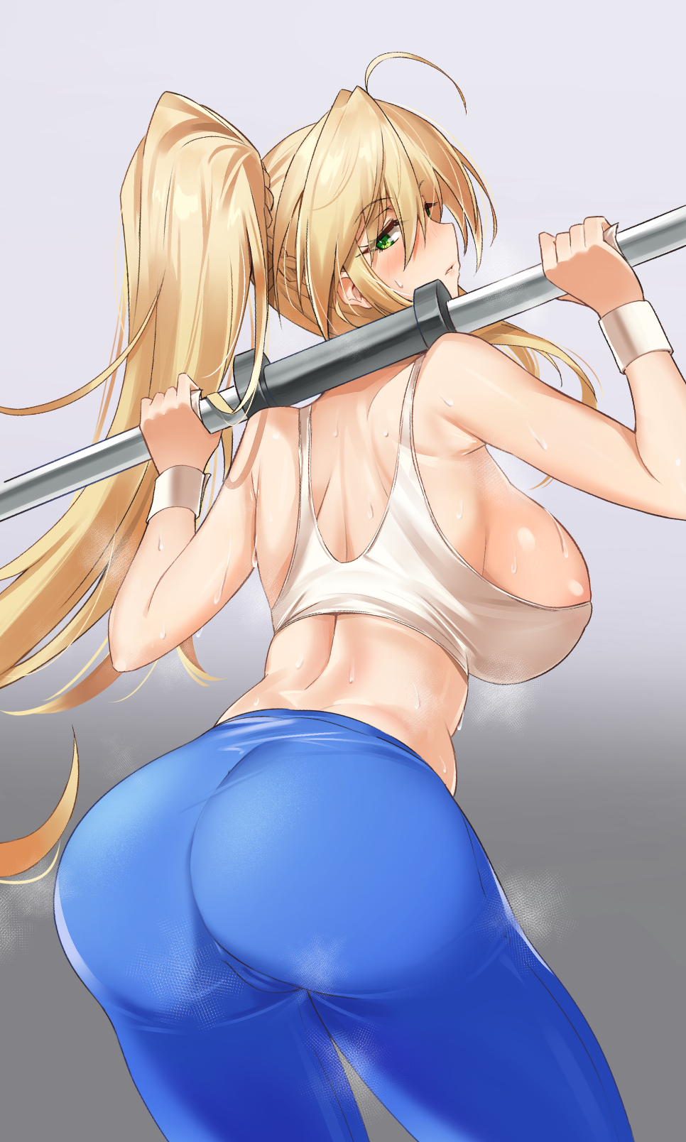 1girls 2021 ahoge artoria_pendragon artoria_pendragon_(lancer) artoria_pendragon_(swimsuit_ruler) ass ass_focus back back_view backboob blonde_hair blue_yoga_pants breasts fate/grand_order fate_(series) female female_focus female_only green_eyes gym_clothes huge_ass huge_breasts kakumayu lifting_weights long_hair long_ponytail looking_back looking_over_shoulder ponytail sideboob simple_background squatting steam steaming_body sweat sweaty_body tank_top thick_thighs thighs tight_clothing tight_fit white_tank_top working workout_clothes yoga_pants