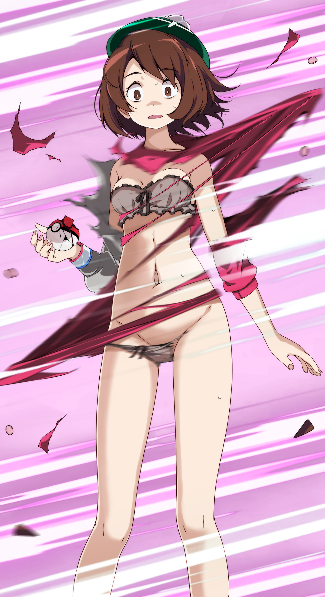 1girls, bangs, black bra, black panties, bra, breasts, brown eyes, brown hair, clothing, creatures (company), feet out of frame, female, game freak, gloria (pokemon), hat, highres, holding, holding poke ball, matching underwear, navel, nintendo, open mouth, panties, poke ball, pokemon, pokemon (game), pokemon ss, short brown hair, short hair, sole female, solo, solo female, standing, surprised, sweatdrop, torn clothes, tsukishiro saika, underwear, underwear only, wide eyed