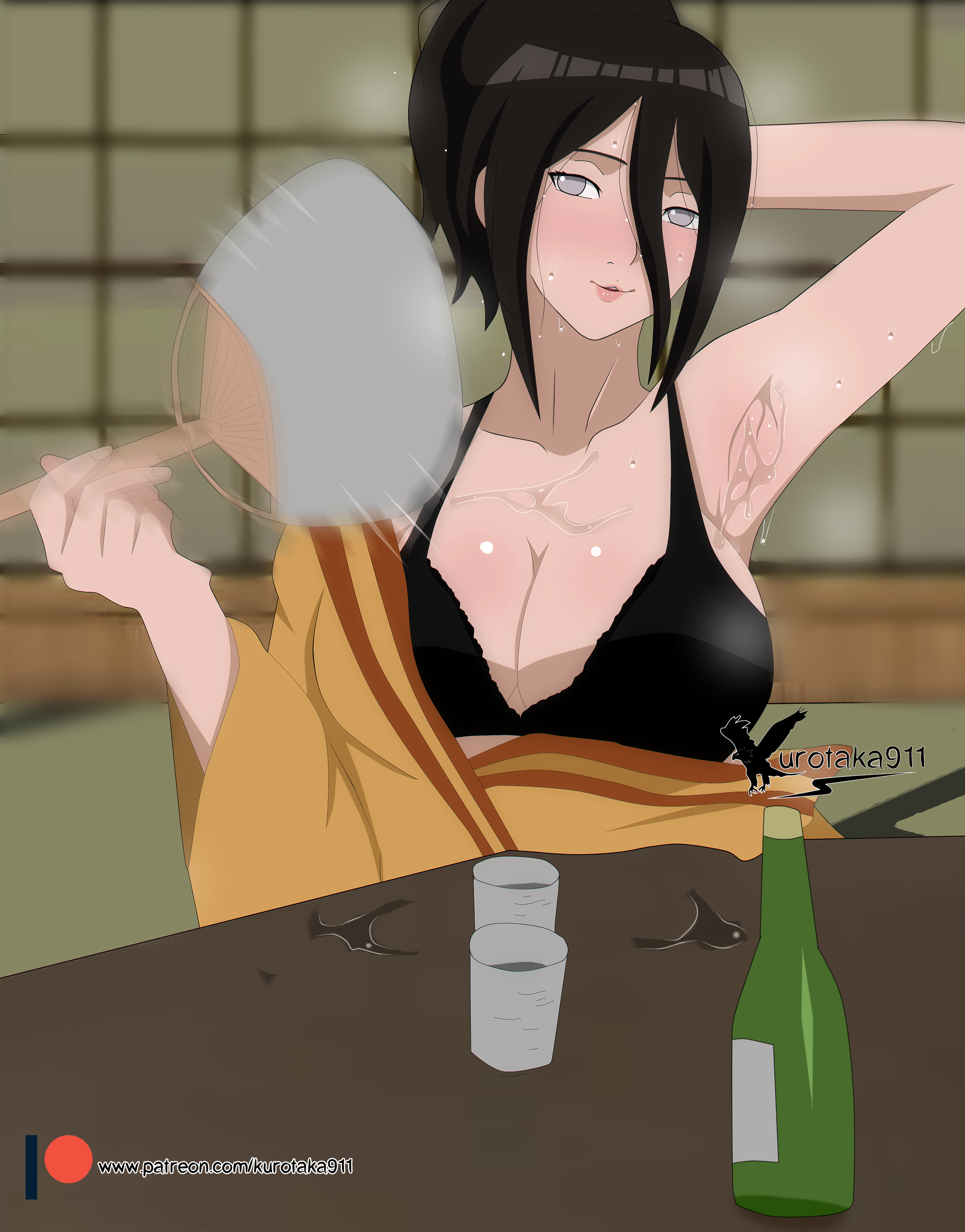 1girls, agung911, alcohol, alternate hairstyle, arm up, armpit fetish, armpits, artist name, big breasts, blush, boruto: naruto next generations, bottle, bra, breast focus, breasts, brown hair, busty, clothed, clothed female, clothing, collarbone, drunk, fanning, female, female only, folding fan, glass, heart, holding object, huge breasts, hyuuga hanabi, indoors, intoxicated, kimono, light skin, light-skinned female, logo, motion blur, motion lines, naruto, naruto (series), off shoulder, patreon username, ponytail, presenting, presenting breasts, sake, seducing, seductive, seductive eyes, seductive look, seductive smile, shiny, shiny hair, skindentation, solo, solo focus, steam, steaming body, sweat, sweating profusely, sweaty, table, text, tied hair, upper body, url, violet eyes, watermark, web address, yukata