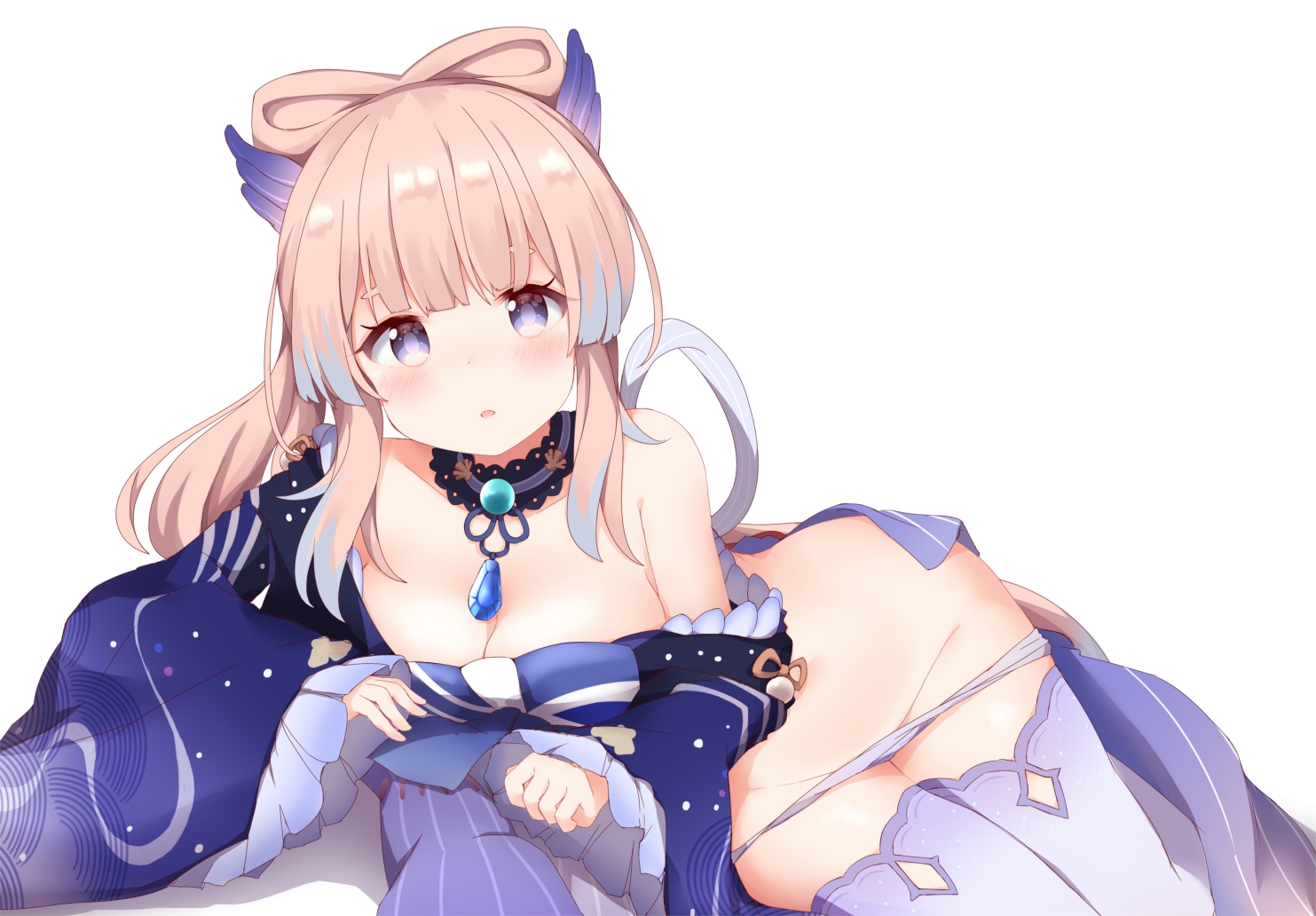 1girls, barely visible genitalia, blue eyes, blush, breasts, cleavage, clothing, cute, female, genshin impact, hi res, looking at viewer, panties, panty pull, pink hair, sangonomiya kokomi, short shorts, shorts, shorts pull, thighhighs