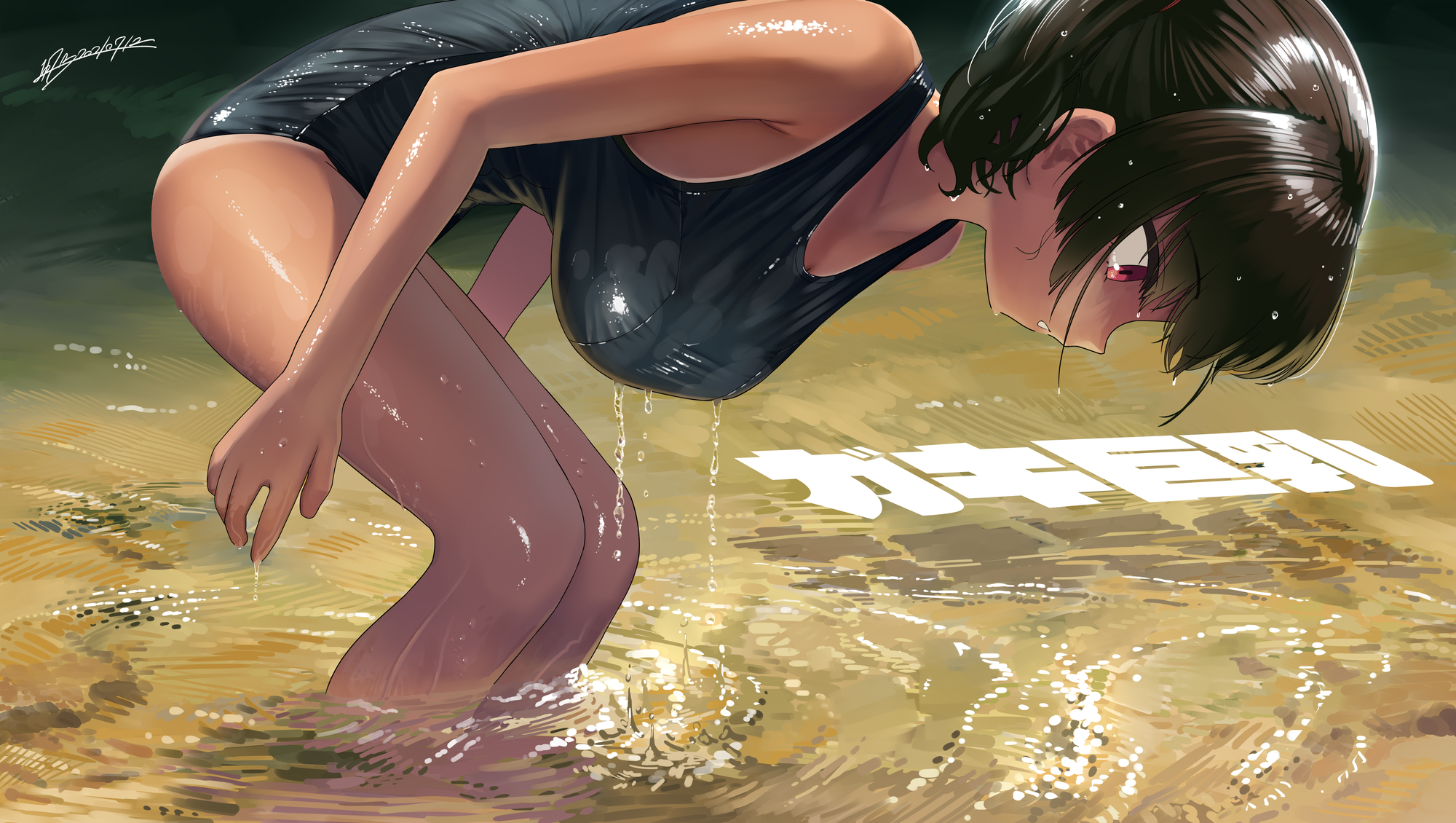 1girls, 2021, absurd res, armpits, artist name, ass, bare arms, bare legs, bare shoulders, bent over, black hair, blue swimsuit, breasts, cleavage, dated, eyebrows visible through hair, female, female only, gaki kyonyuu, hanging breasts, highres, japanese text, kaedeko (kaedelic), kanna sasaki (kaedeko), large breasts, looking down, one-piece swimsuit, original, partially submerged, red eyes, school swimsuit, short hair, short twintails, side view, signature, solo, squatting, swimsuit, teeth, text, thighs, tied hair, translated, twintails, wading, water, wet, wet hair
