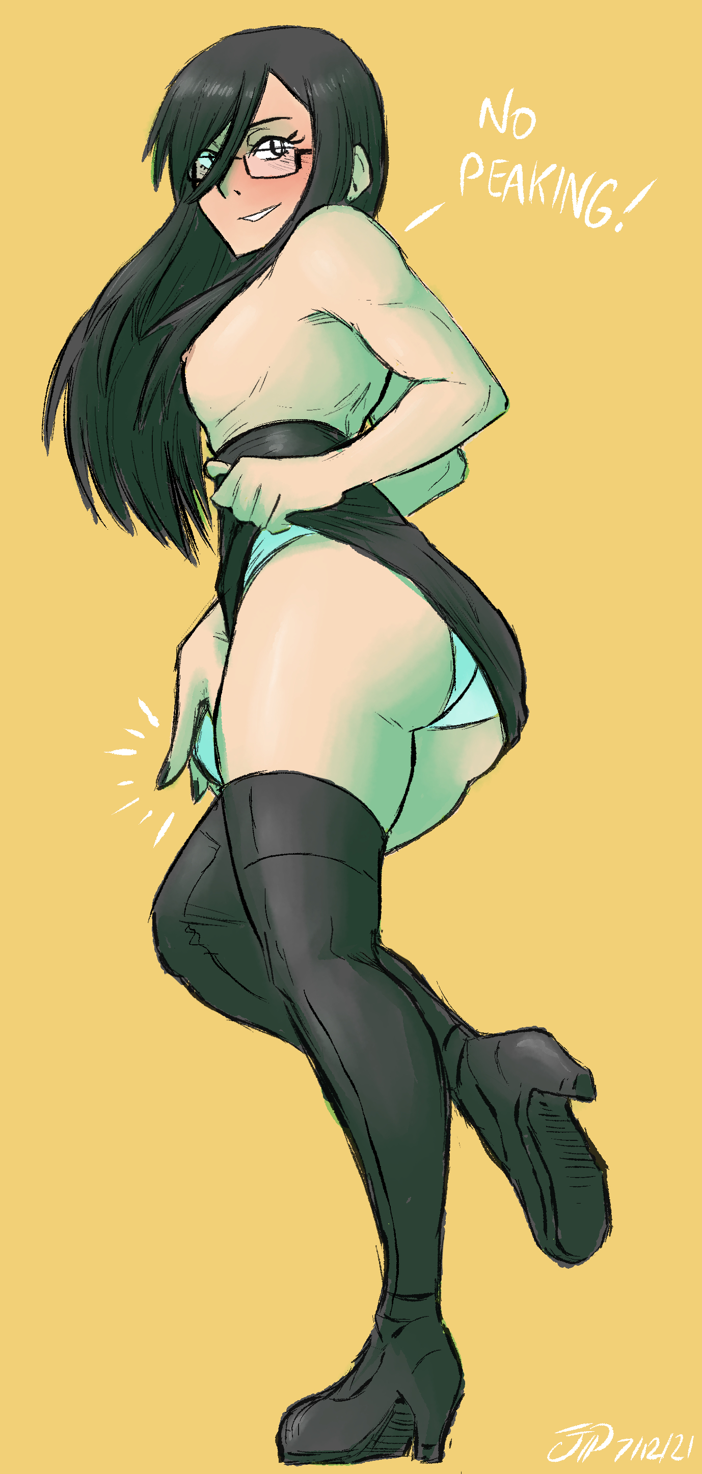 1boy, ass, back, black hair, blush, clothed, clothing, crossdressing, dialogue, femboy, glasses, grower not a shower, high heels, human, light skin, light-skinned male, long hair, looking back, low-angle view, male, male only, pale skin, partially clothed, pencil skirt, penn (videajames), secretary, secretary outfit, skirt, solo, text, thighhighs, topless, videajames, yellow background