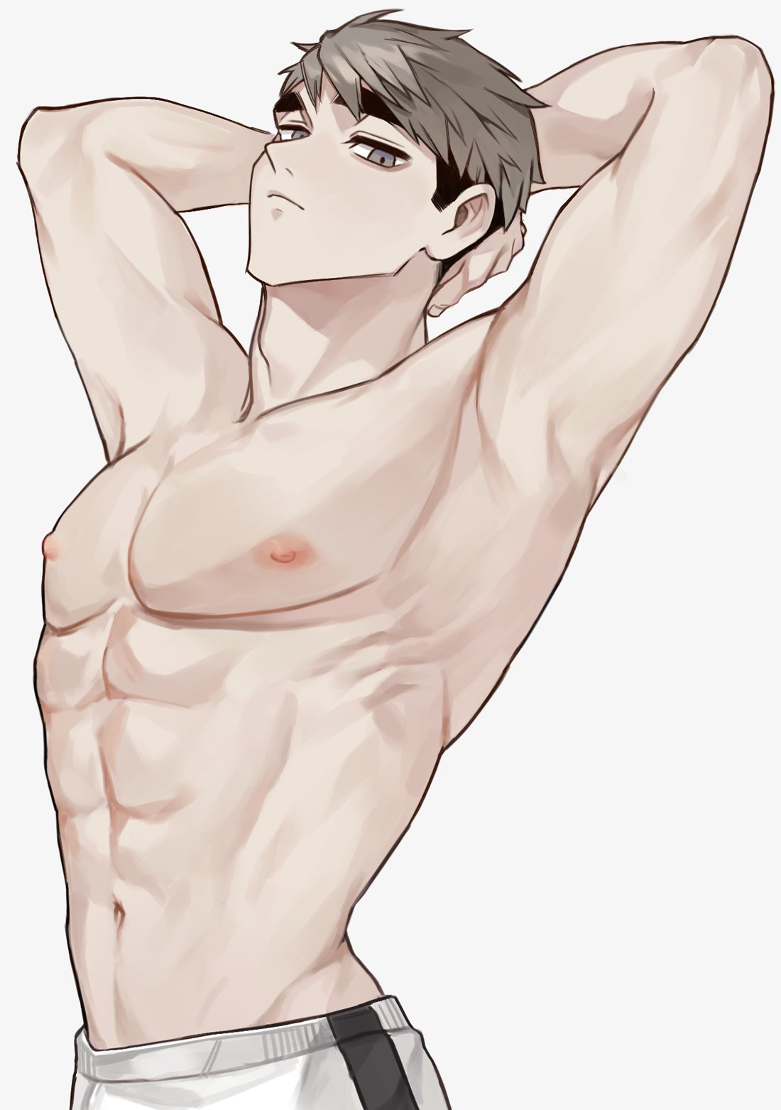 1boy abs armpits arms_behind_head broad_shoulders grey_hair haikyuu!! male male_only nipples osamu_miya sco428 shoulders undercut