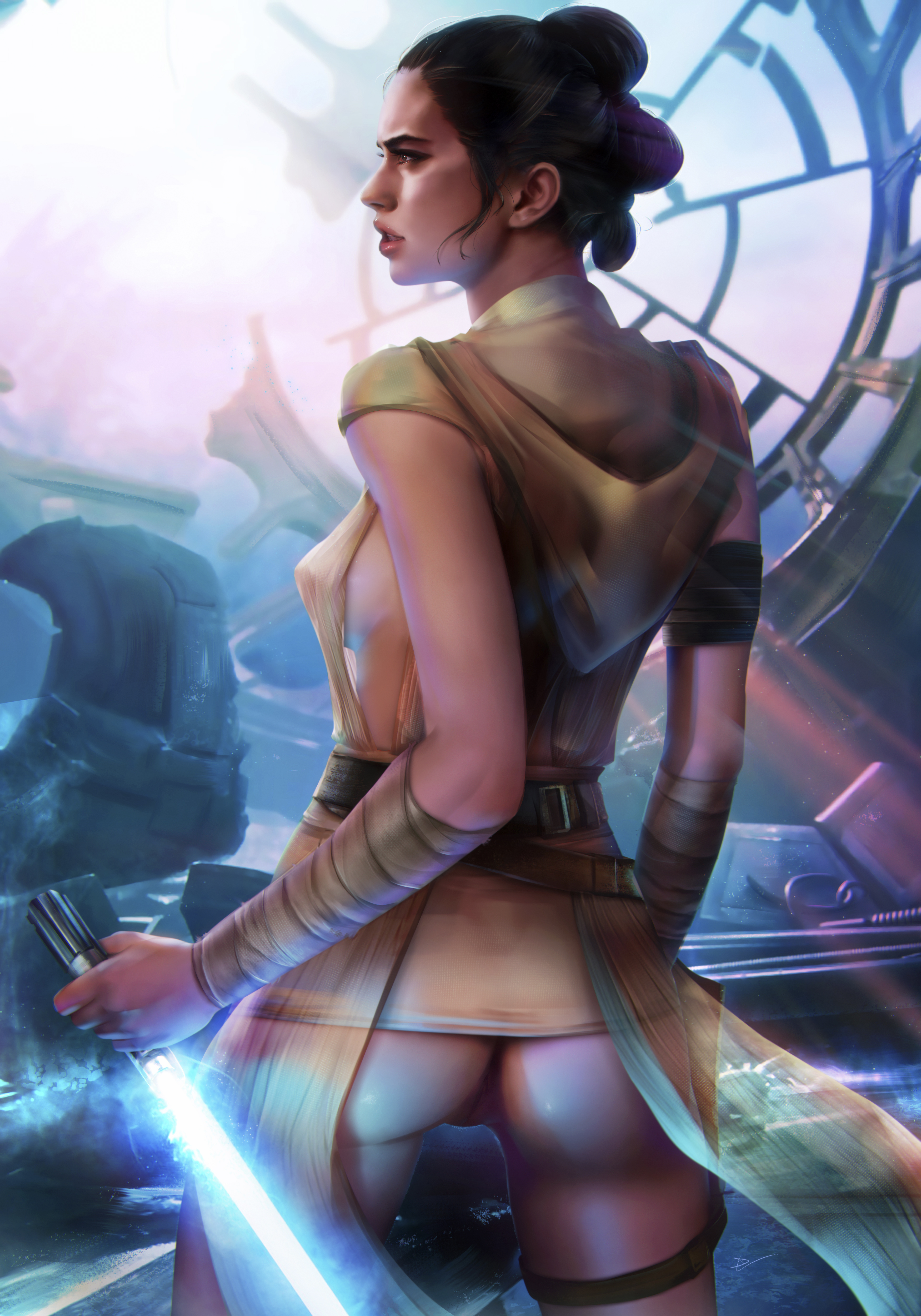 1girls, alternate version available, ass, blue lightsaber, bottomless, casual, clothing, daisy ridley, demonlorddante, electronics, female, female focus, female only, human, light skin, light-skinned female, lightsaber, pale skin, pussy, realistic, rey, solo, star wars, sword, vagina, weapon