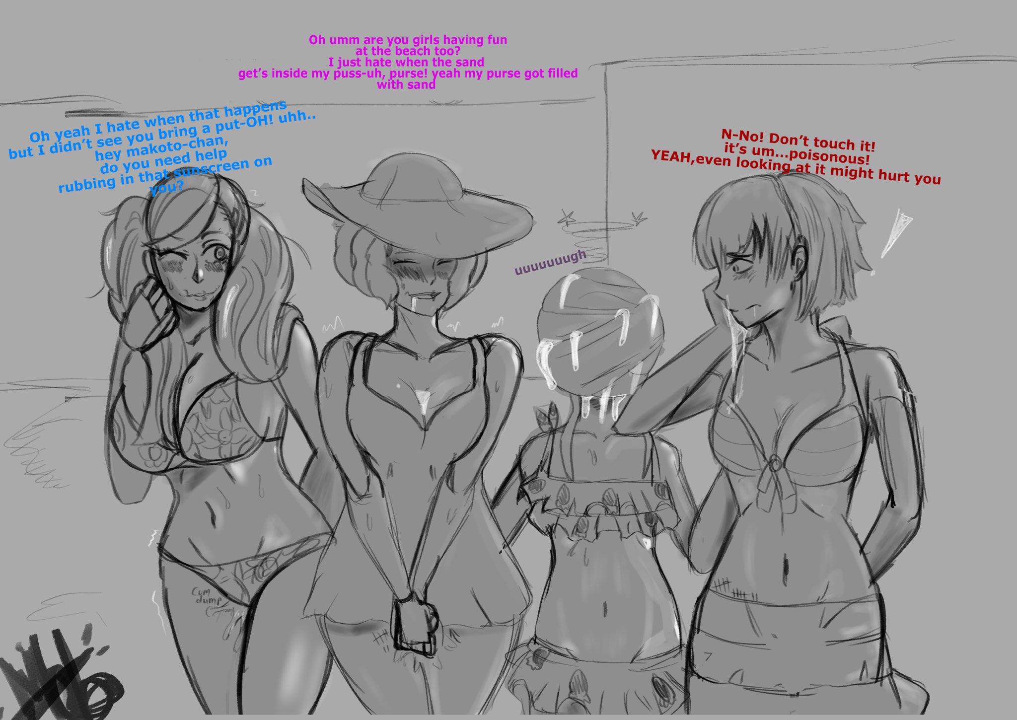 4girls, after sex, ann takamaki, ass, atlus, bikini, blush, blushing, body writing, breasts, cum, cum in ass, cum in mouth, cum in pussy, cum inside, cum on body, cum on breasts, cum on face, cum on upper body, cumshot, dialogue, dizzy, embarrassed, english text, female, hand behind back, haru okumura, hat, long hair, makoto niijima, mobi mobi, monochrome, persona, persona 5, pussy, sakura futaba, short hair, smile, smiling, sundress, swimsuit, text, twintails