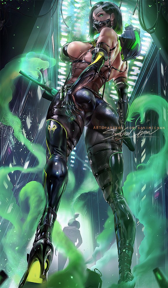 1girls, 2021, alternate version available, artist signature, ass, ass focus, ass shot, back, back view, backless outfit, black hair, breasts, bubble ass, bubble butt, dark background, detached sleeves, female, female focus, female only, green eyes, heels, huge ass, huge breasts, long gloves, mask, sakimichan, short hair, sideboob, sword, thick thighs, thighs, tight clothing, tight fit, valorant, video game character, viper (valorant), watermark, weapon