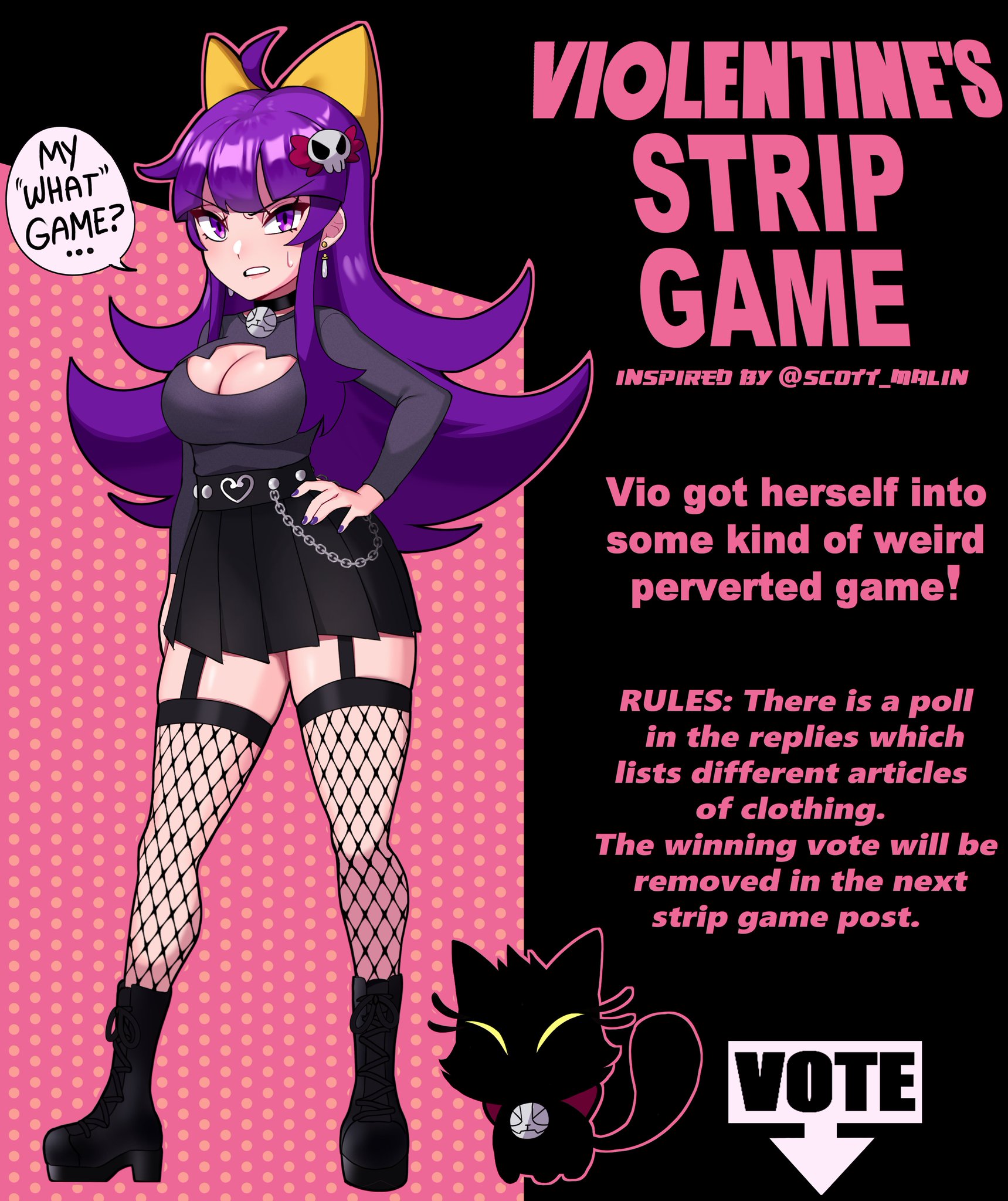 boots, breasts, cat, choker, earrings, female, fishnets, original, original character, purple eyes, purple hair, purple nails, sarukaiwolf, skirt, strip game, violentine (sarukaiwolf), yellow ribbon
