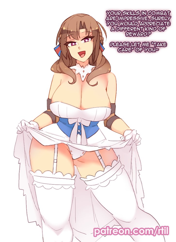 1girls, bare shoulders, breasts, brown hair, cleavage, clothed, dress, dress lift, female, female only, flashing, garter straps, gloves, inviting, inviting to sex, large breasts, lingerie, lingerie under dress, long hair, looking at viewer, milf, oosuki mamako, open mouth, panties, plain background, purple eyes, reward, rtil, smile, solo, stockings, text, thick thighs, tsuujou kougeki ga zentai kougeki de ni-kai kougeki no okaasan wa suki desu ka?, white background