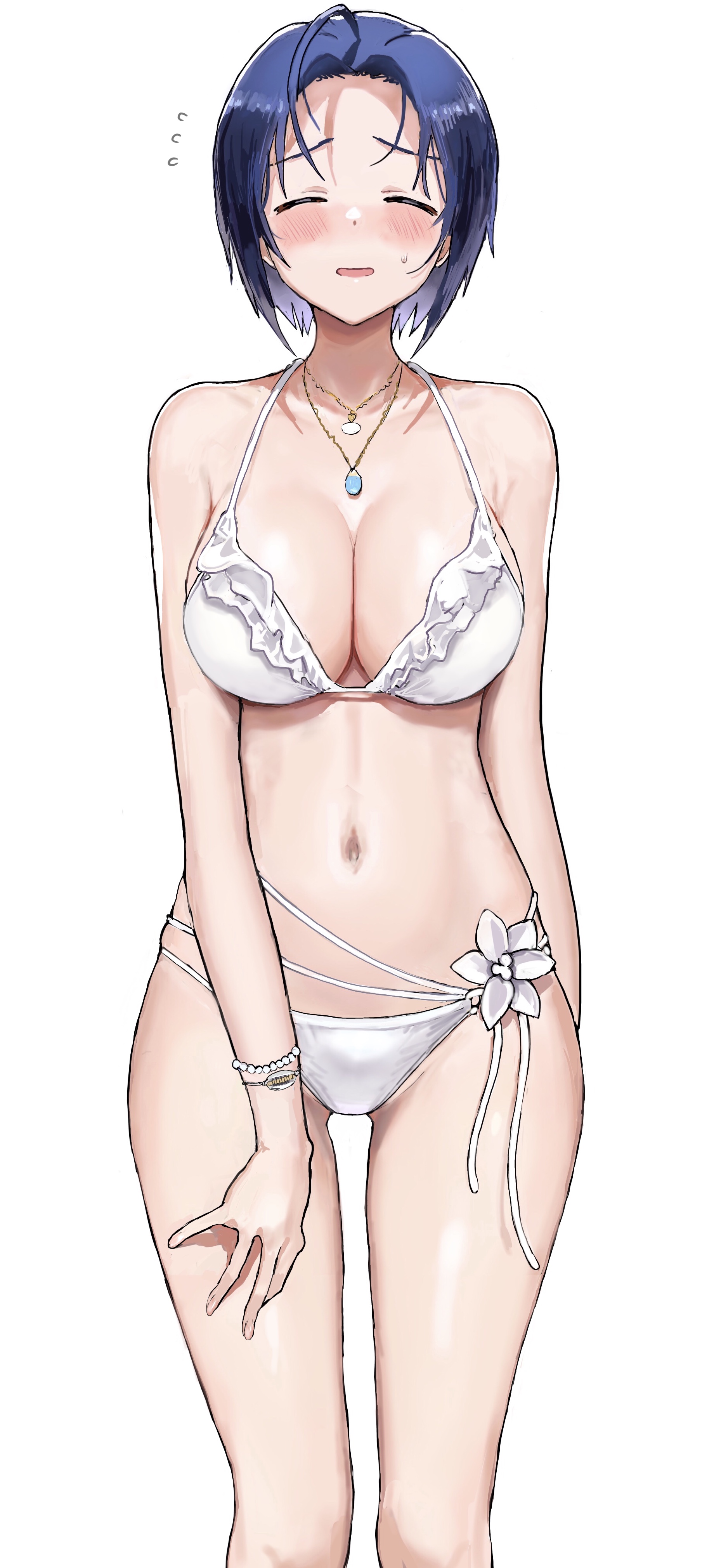 1girls, 2021, ahoge, bead bracelet, beads, belly, big breasts, bikini, bikini bottom, bikini top, blue hair, blush, bracelet, breasts, cleavage, closed eyes, covered nipples, covered pussy, embarrassed, eyebrows, eyes closed, female, flower, flying sweatdrops, frilled bikini, frills, frustrated, hand on own thigh, hitodama (madatohi), idolmaster, jewelry, large breasts, miura azusa, navel, necklace, open mouth, pussy, raised eyebrows, shiny, shiny skin, short hair, simple background, solo, standing, stomach, sweatdrop, swimsuit, white background, white bikini, white bikini bottom, white bikini top, white flower