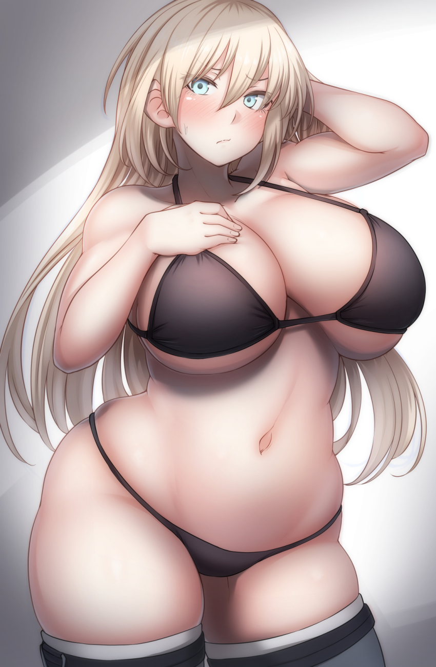 1girls, bangs, bikini, bikini bottom, bismarck (kantai collection), black bikini, blonde hair, blue eyes, blush, breasts, cleavage, collarbone, curvy, deep skin, eyebrows visible through hair, female, groin, hair between eyes, huge breasts, kantai collection, konoshige (ryuun), long hair, midriff, navel, plump, ryuun (stiil), simple background, skindentation, solo, solo female, swimsuit, thick thighs, thighs, tight, underboob