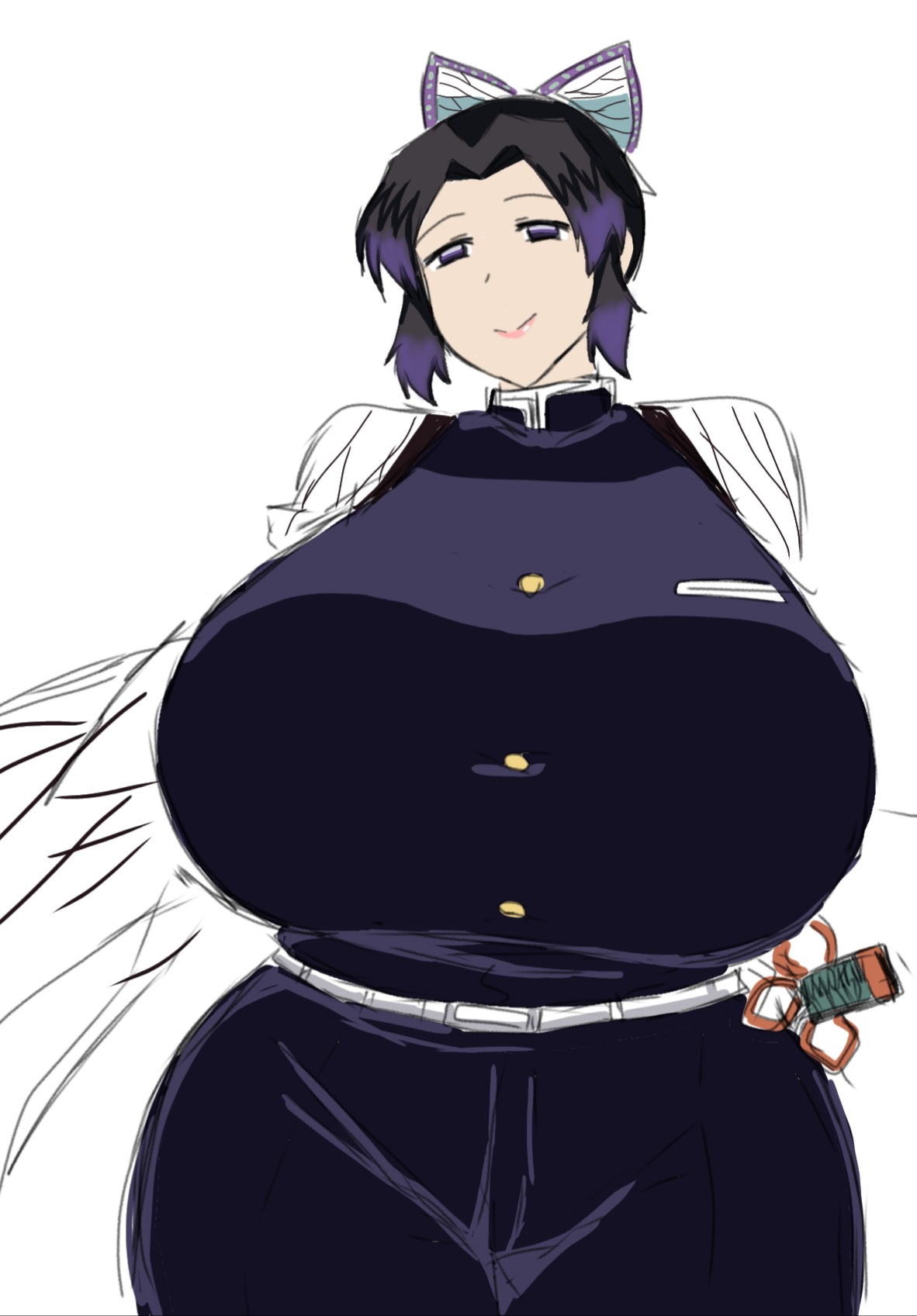 alternate body type, alternate breast size, big breasts, black hair, breasts, clothed, clothing, curvy, demon slayer, enormous breasts, female, female only, fully clothed, gigantic breasts, haori, huge breasts, kimetsu no yaiba, kochou shinobu, momiji (artist), purple eyes, smile, solo, solo female, venus body, wide hips