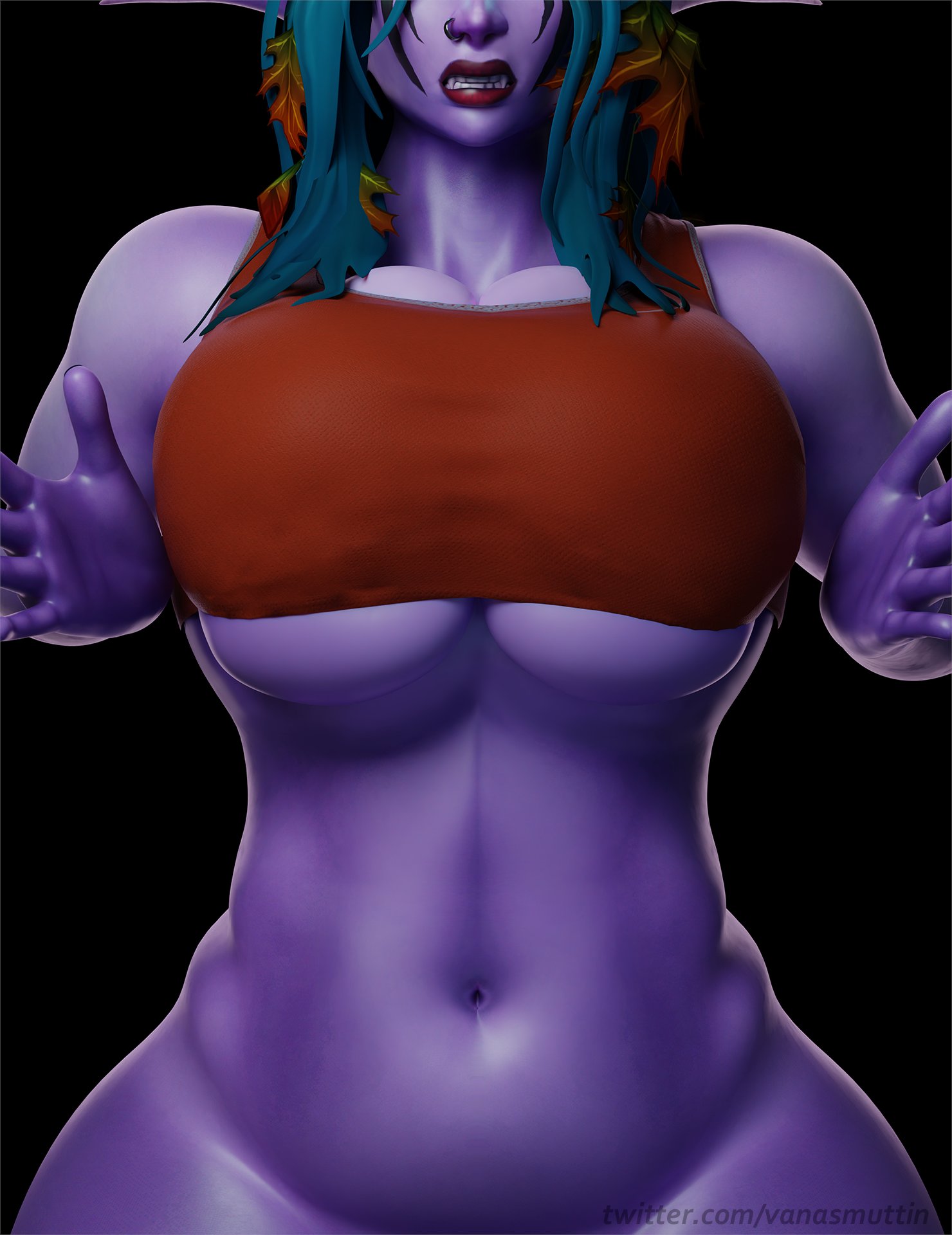 1girls, 3d, breast expansion, breast growth, breast growth (enlargement), breasts, cleavage, clenched teeth, female, female only, huge breasts, moaning, mostly nude, night elf, partially clothed, purple skin, solo, thick thighs, tight clothing, vanasmut, wide hips, world of warcraft