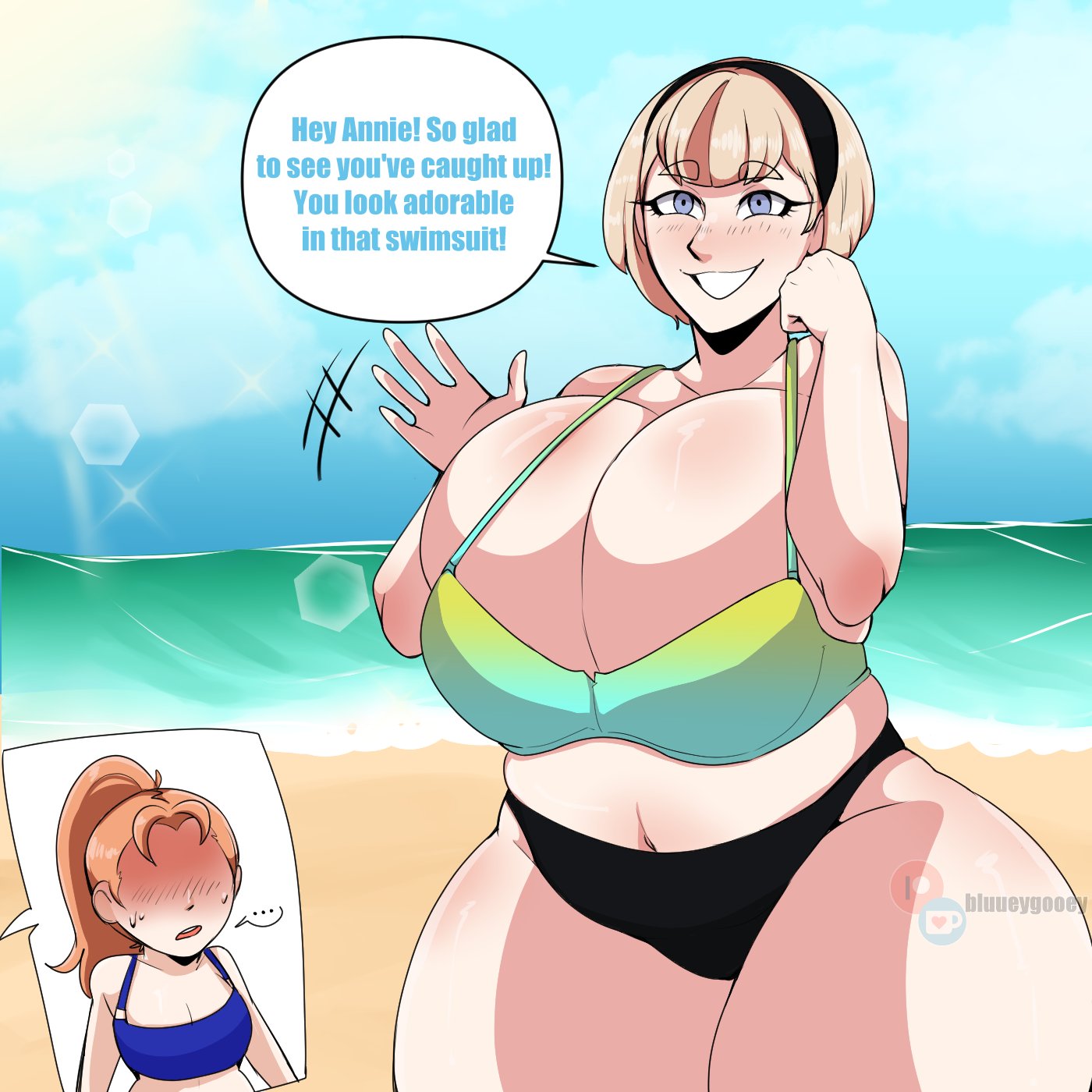 2girls, alternate breast size, alternate costume, alternate hairstyle, annette fantine dominic, bare midriff, bare thighs, beach, big breasts, blonde hair, blue bikini, blue eyes, blue swimsuit, bluueygooey, breast envy, breasts, cleavage, curvy, dialogue, english text, envy, female, female only, fire emblem, fire emblem: three houses, gigantic breasts, green bikini, green swimsuit, huge breasts, large breasts, long hair, mercedes von martritz, nintendo, ocean, orange hair, ponytail, post-timeskip, seaside, short hair, smile, solo focus, text, thick thighs, voluptuous, waving