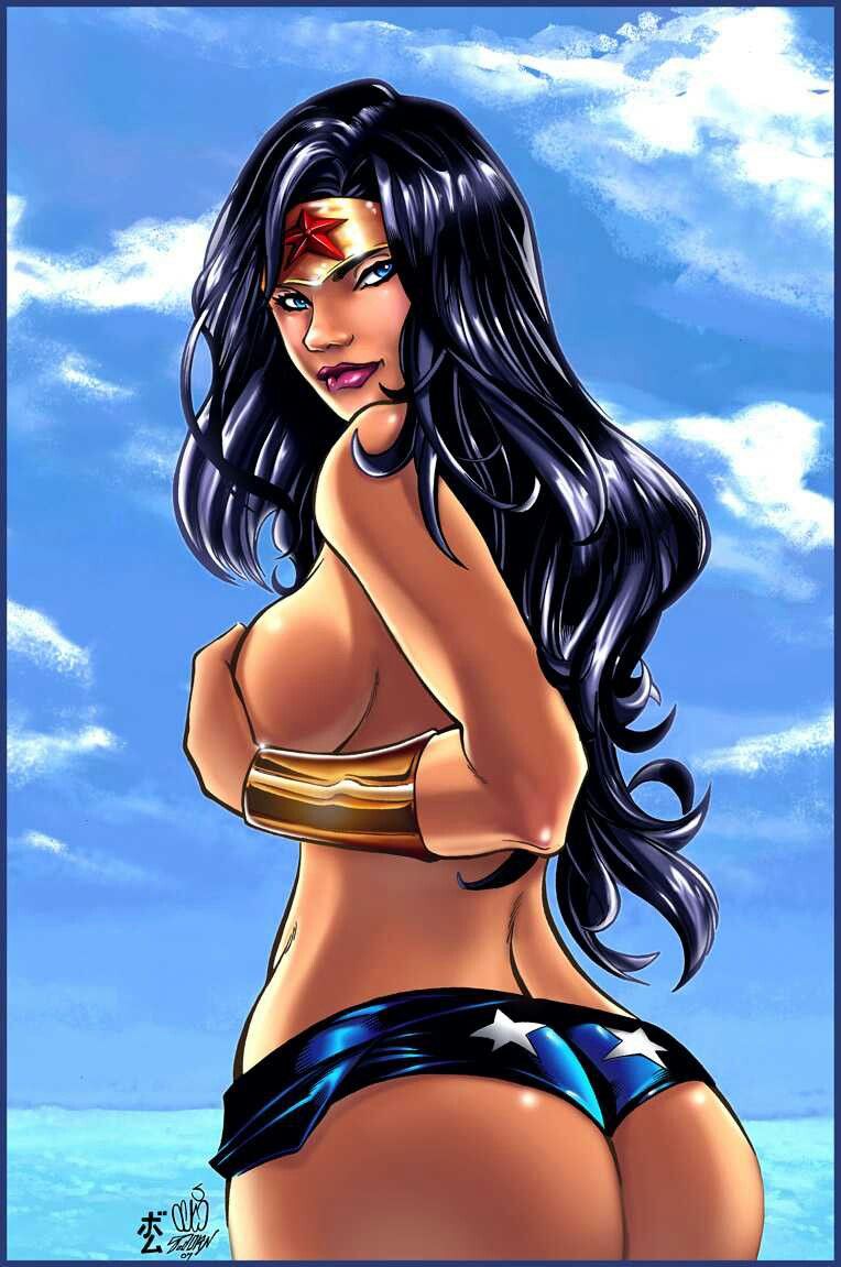 amazon, ass, ass focus, beach, breasts, brown hair, colored, covered breasts, covering breasts, covering self, dc, dc comics, diana prince, fat ass, female, huge ass, huge breasts, justice league, looking at viewer, looking back, plump ass, solo, solo female, solo focus, superhero, superheroine, thong panties, topless, topless female, wonder woman, wonder woman (series)