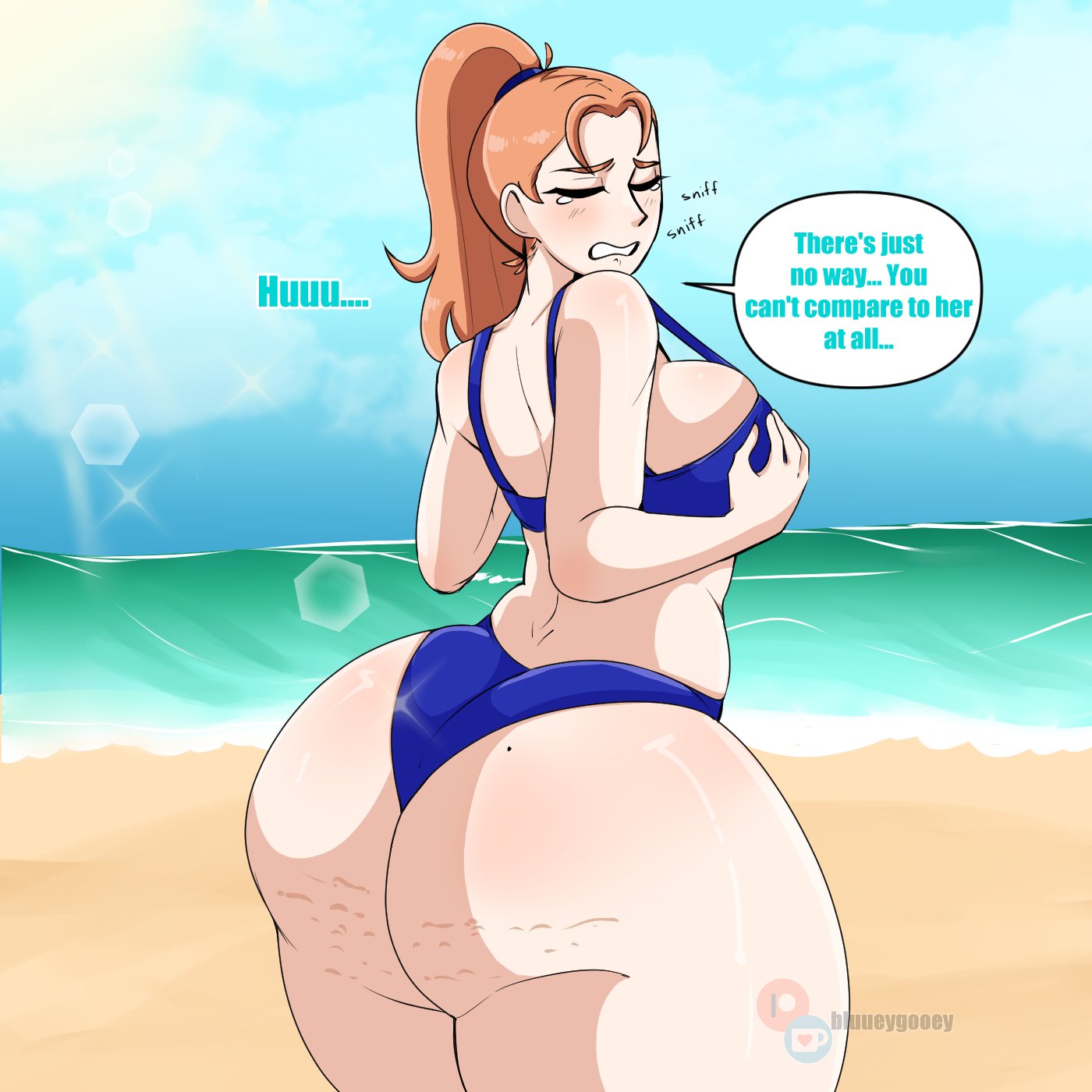 1girls, alternate costume, alternate hairstyle, annette fantine dominic, ass, back view, bare midriff, bare thighs, beach, blue bikini, blue swimsuit, bluueygooey, bottom heavy, breasts, cellulite, closed eyes, crying, crying with eyes closed, curvy, dialogue, english text, envy, female, fire emblem, fire emblem: three houses, huge ass, huge butt, insecure, large breasts, long hair, mole, mole on ass, nintendo, ocean, orange hair, outdoors, ponytail, sad, solo, text, thick thighs, voluptuous, worried, worried expression