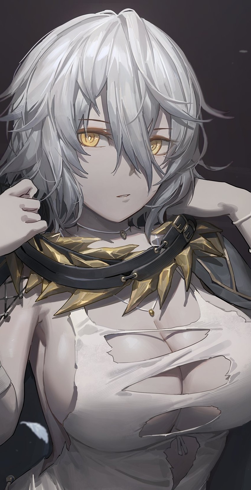 bangs bare_shoulders belt breasts cleavage code_vein dress female female_only gradient gradient_background hair_between_eyes hands_up highres io_(code_vein) jewelry large_breasts looking_at_viewer necklace pale_skin parted_lips short_hair silver_hair solo teeth torn_clothes torn_dress upper_body white_dress yellow_eyes yohan1754