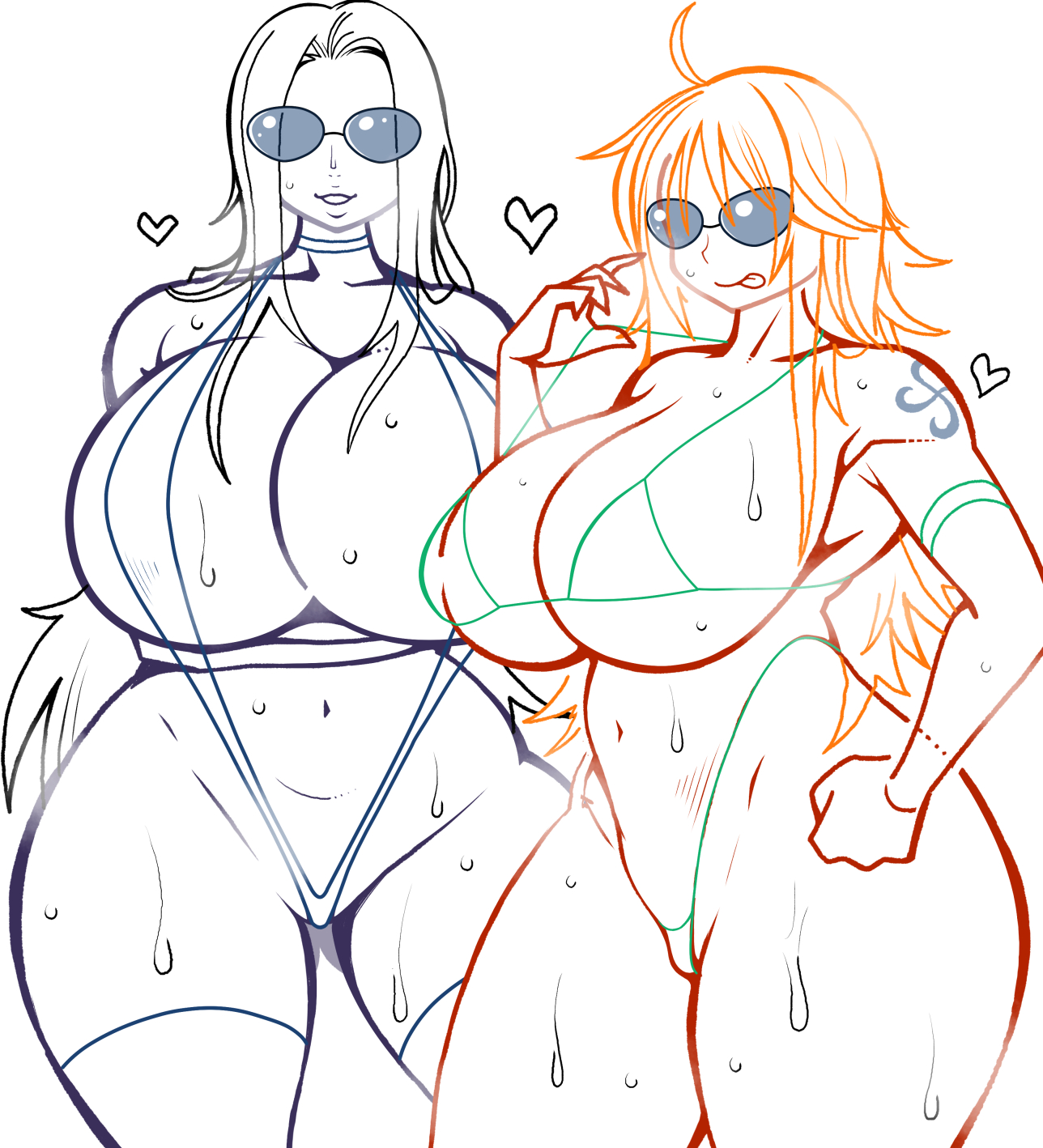 2girls, bikini, breasts, cleavage, female, female only, huge breasts, large breasts, multiple females, multiple girls, nami (one piece), new45905745, nico robin, one piece, post-timeskip, sex, smile, swimsuit, tattoo