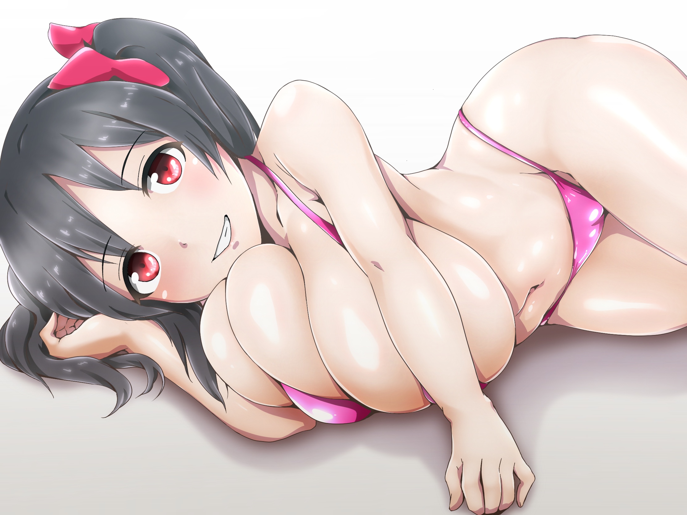 1girls, belly button, big breasts, black hair, bow, breast expansion, breast growth, breast growth (enlargement), breasts, exposed shoulders, exposed stomach, female, female only, huge breasts, large breasts, laying down, looking at viewer, love live!, love live! school idol project, overflowing breasts, pussy, red eyes, small bikini, thighs, twintails, uzumi (uzumi yosi), vagina, wide hips, yazawa nico
