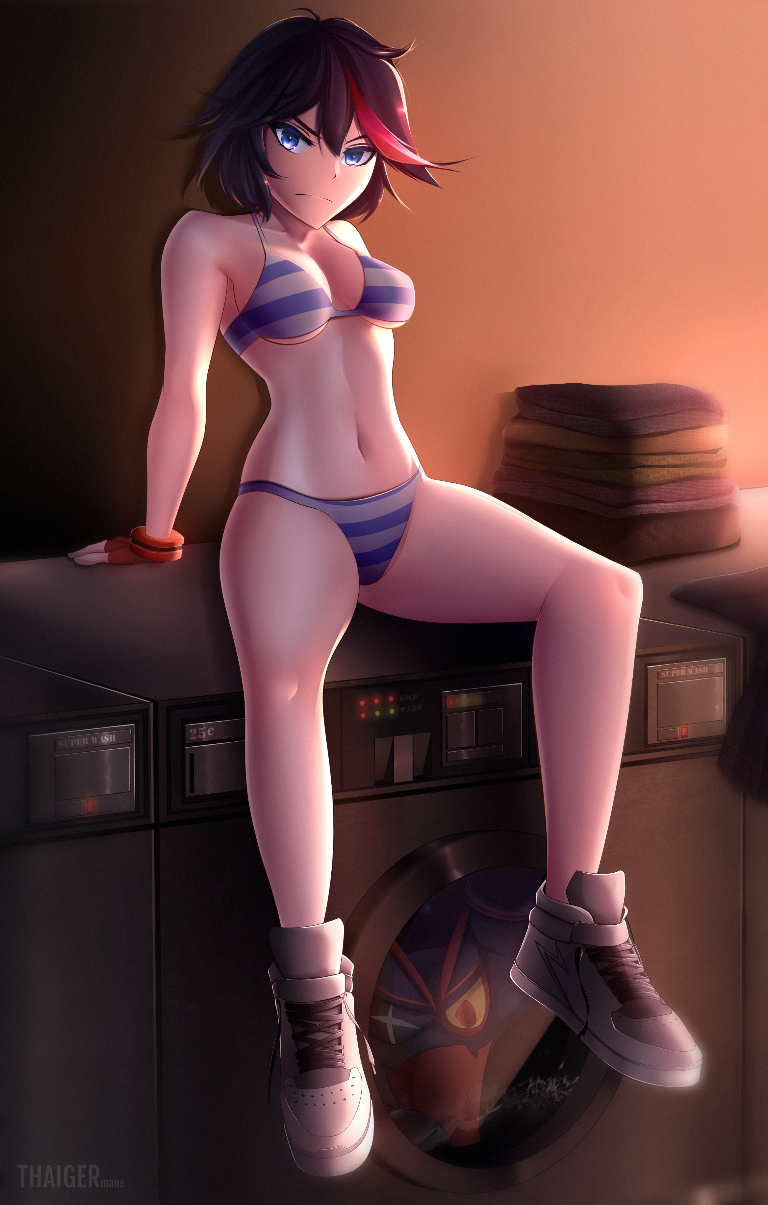 1girls, black hair, black-haired female, blue eyes, bra, breasts, canon panties, female, kill la kill, looking at viewer, matoi ryuuko, panties, red hair, senketsu, shimapan, shoes, short hair, sitting, sitting on washing machine, sneakers, thaiger, thaigermane, underwear, washing machine, white skin
