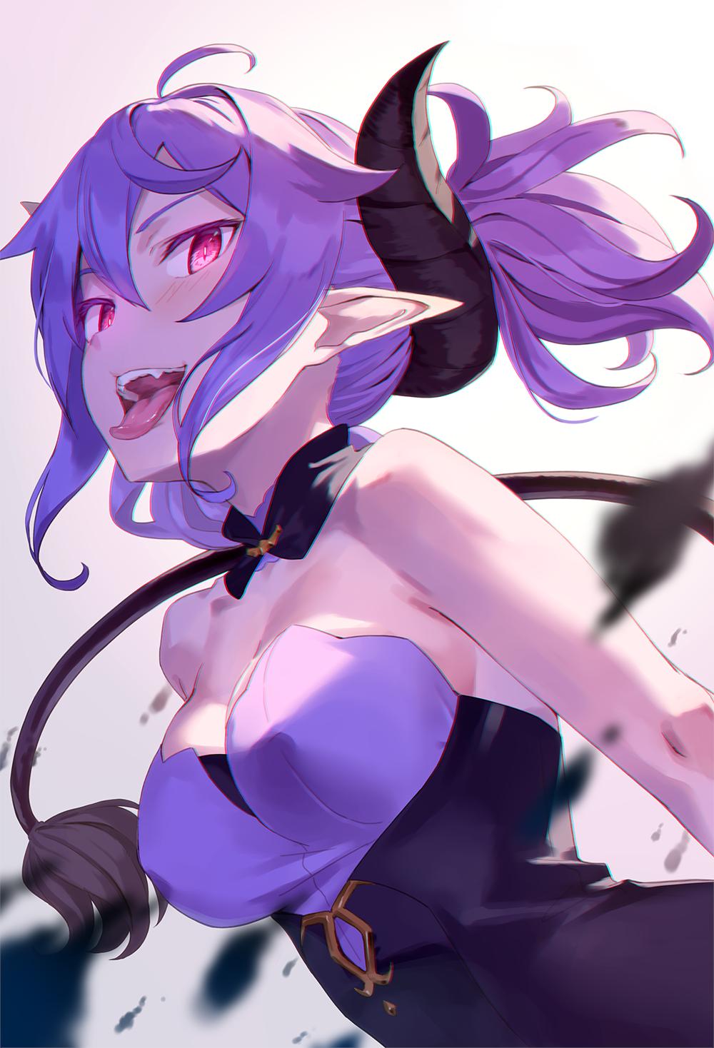 1girls bare_arms bare_shoulders breasts cleavage elf_ears fangs female female_focus female_only horn kinta_(distortion) looking_at_viewer nipple_bulge pointy_ears ponytail purple_hair red_eyes short_hair succubus tagme tail tongue_out