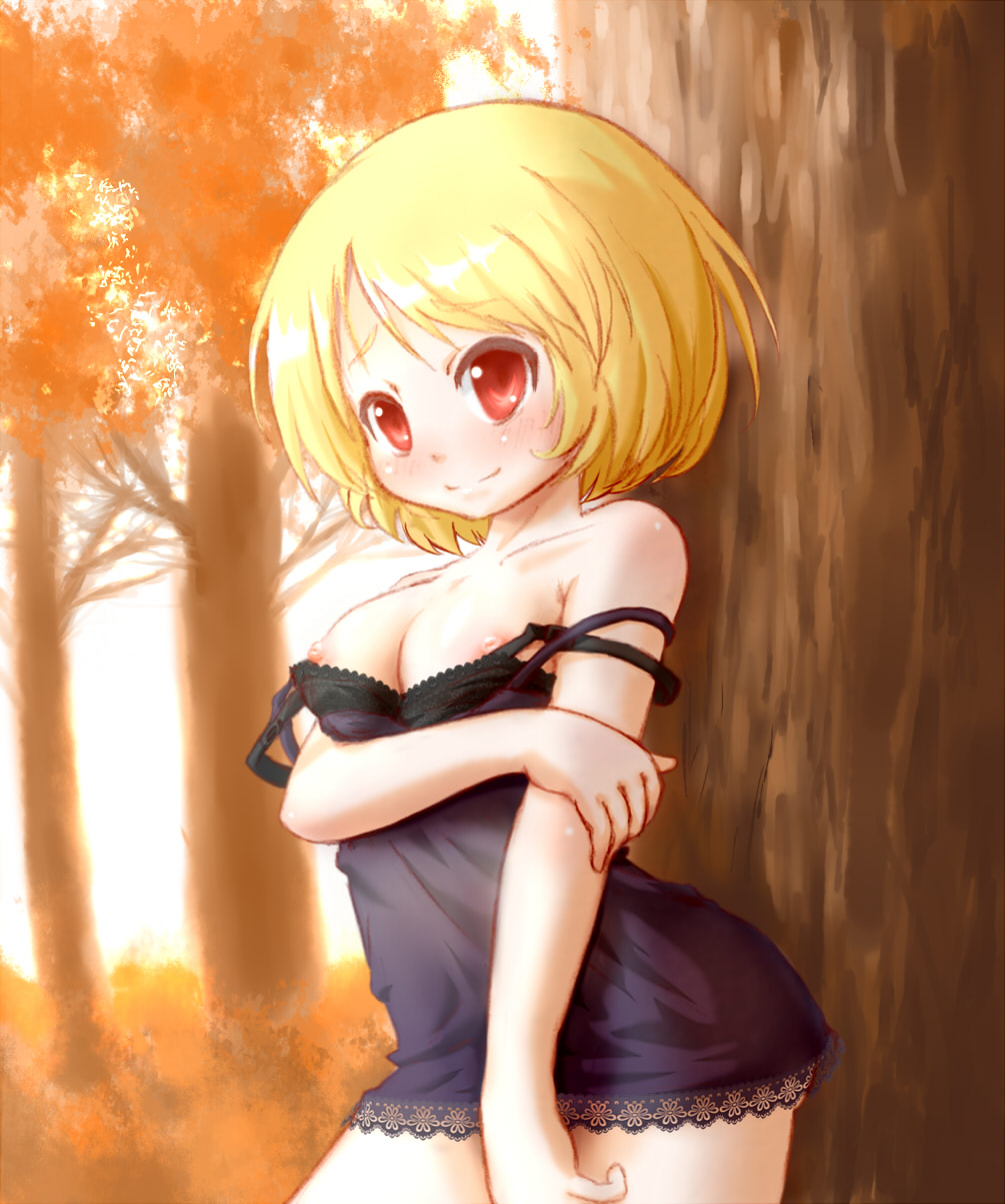 arinu black_dress blonde_hair blush breasts dress eyebrows_visible_through_hair female large_breasts looking_at_viewer minoriko_aki red_eyes short_hair smile solo touhou tree