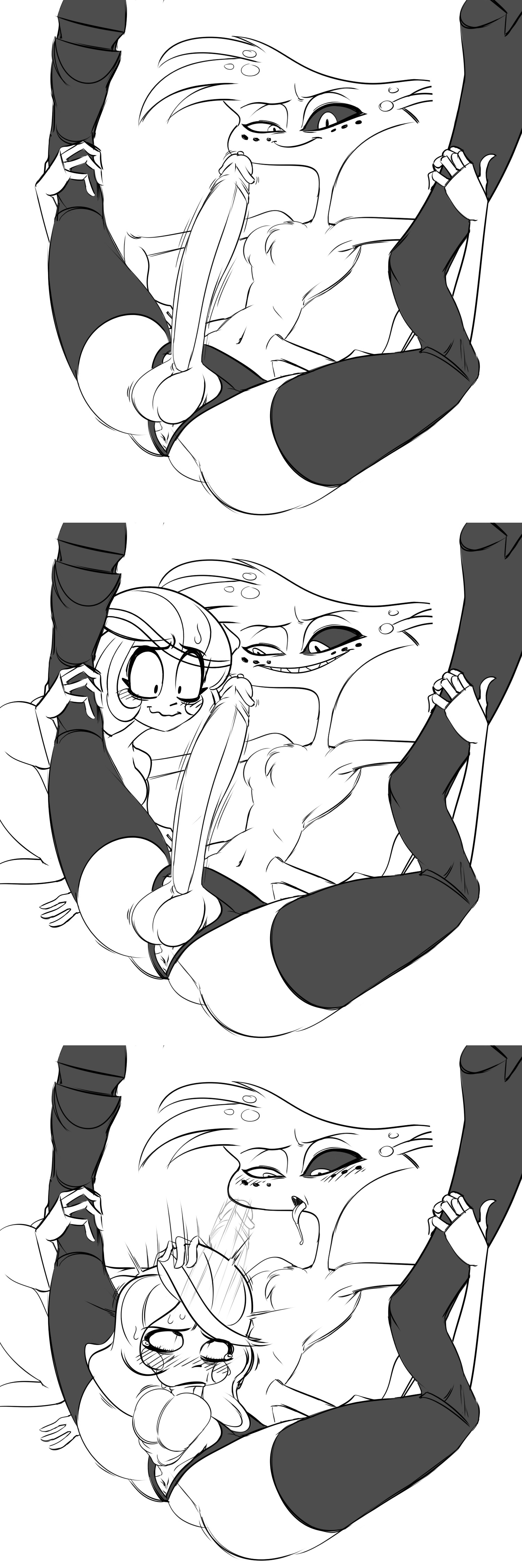 1boy, 1girls, angel dust (hazbin hotel), ass, ass up, balls, big penis, blowjob, bottomless, charlie morningstar (hazbin hotel), deep blowjob, deepthroat, digital drawing (artwork), digital media (artwork), exposed balls, exposed penis, fellatio, female, femboy, femboy on female, femboydom, femsub, gag, gagging, hand in hair, hand on hair, hand on head, hazbin hotel, incogneato, legs apart, legs held open, long hair, long legs, long neck, long penis, male, male focus, male/female, maledom, monochrome, no bra, no panties, on knees, on side, oral, oral sex, penis, penis in mouth, spread legs, straight, tears, thigh boots, tongue, tongue out