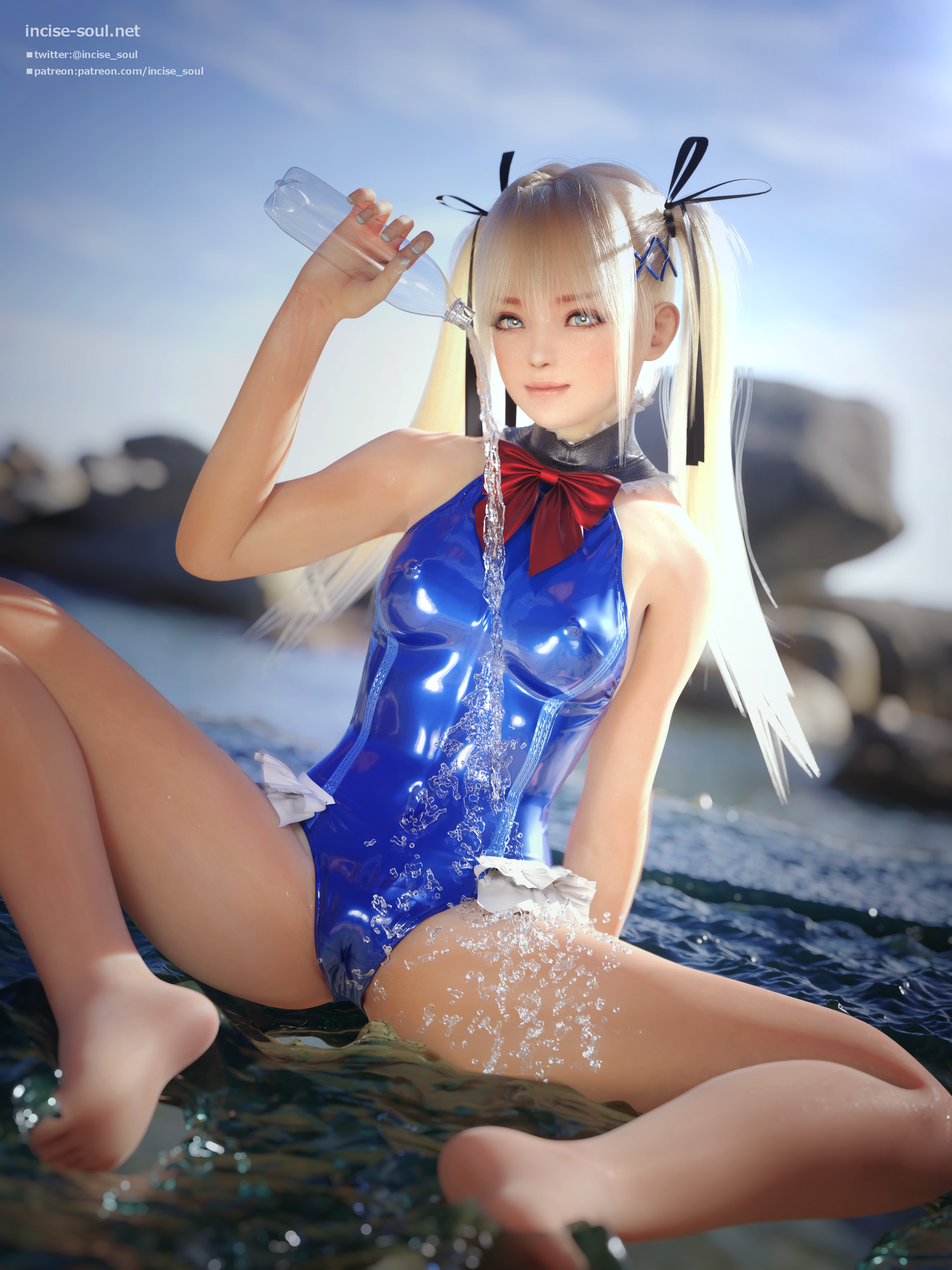 1girls, 3d, aqua eyes, beach, blonde hair, blue eyes, bow, cameltoe, clothed, clothing, dead or alive, dead or alive 5, female, female only, frilled leotard, frills, hair ribbon, incise soul, leotard, light skin, light-skinned female, long hair, looking at viewer, m-rs, marie rose, marie rose (devilish servant against the splashing waves), nipple bulge, one-piece swimsuit, petite, pussy, sitting, solo, swimsuit, teenage female, teenager, twintails, water
