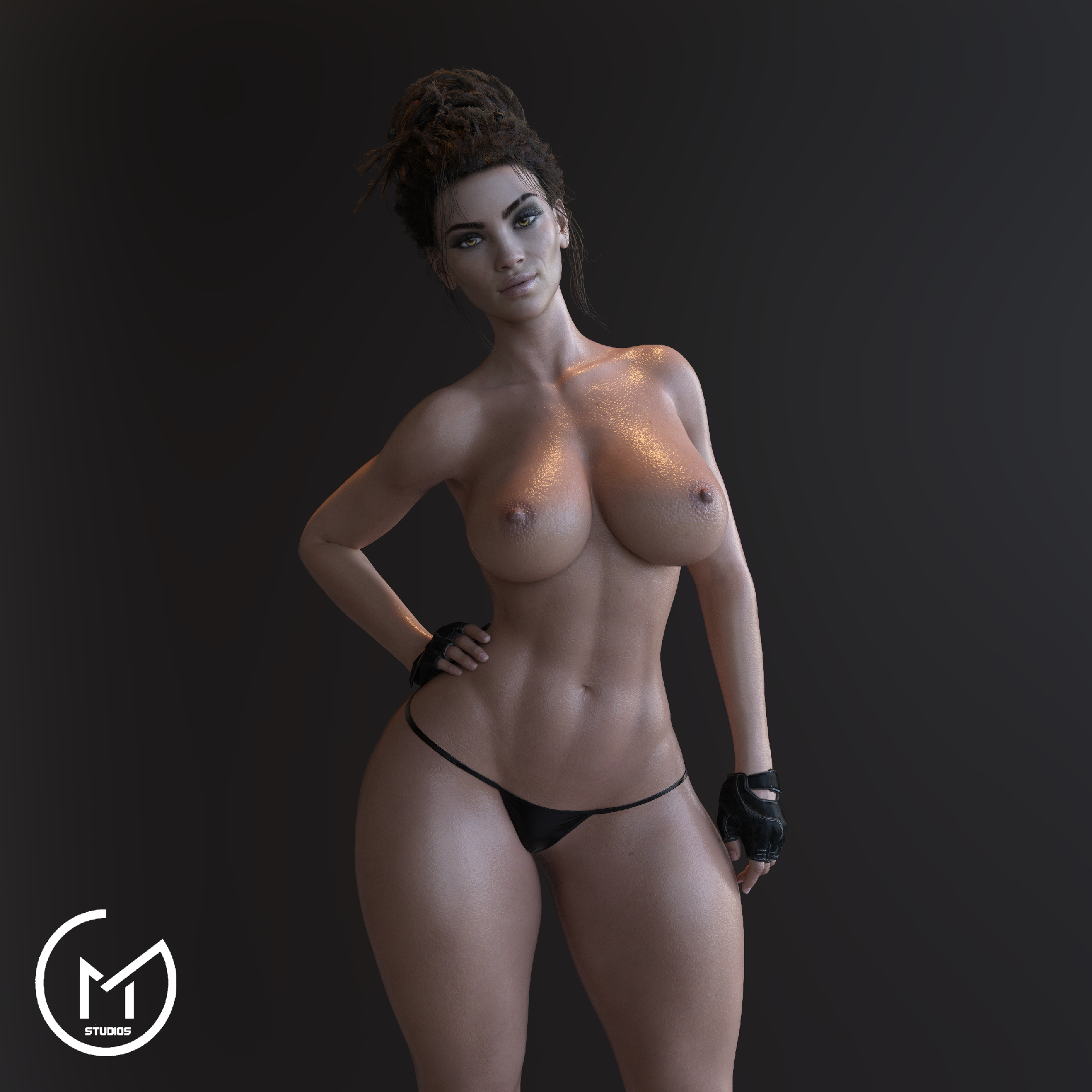 1:1 aspect ratio, 1girls, 3d, 3d (artwork), abs, areolae, black gloves, black panties, black thong, black underwear, breasts, brown hair, brown nipples, cleavage, clothing, cyberpunk 2077, erect nipples, eyeshadow, female, female only, fingerless gloves, glistening, gloves, gm studios, hand on hip, high resolution, large breasts, lips, looking at viewer, makeup, mascara, messy hair, muscles, nipples, no bra, open mouth, panam palmer, panties, pantsu, parted lips, pinup, solo, tagme, tanned, thick lips, thong, tied hair, topless, underwear, yellow eyes