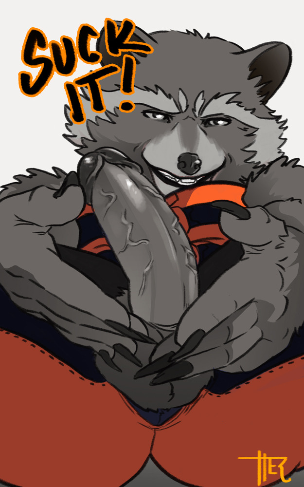 1boy 5_fingers anthro balls biped claws clothed clothing english_text erection fingers fully_clothed fur genitals grey_balls grey_body grey_fur grey_penis grin guardians_of_the_galaxy humanoid_genitalia humanoid_penis looking_at_viewer male male_only mammal marvel orange_clothing penis penis_through_fly poking_out procyonid raccoon rocket_raccoon smile solo text unknown_artist