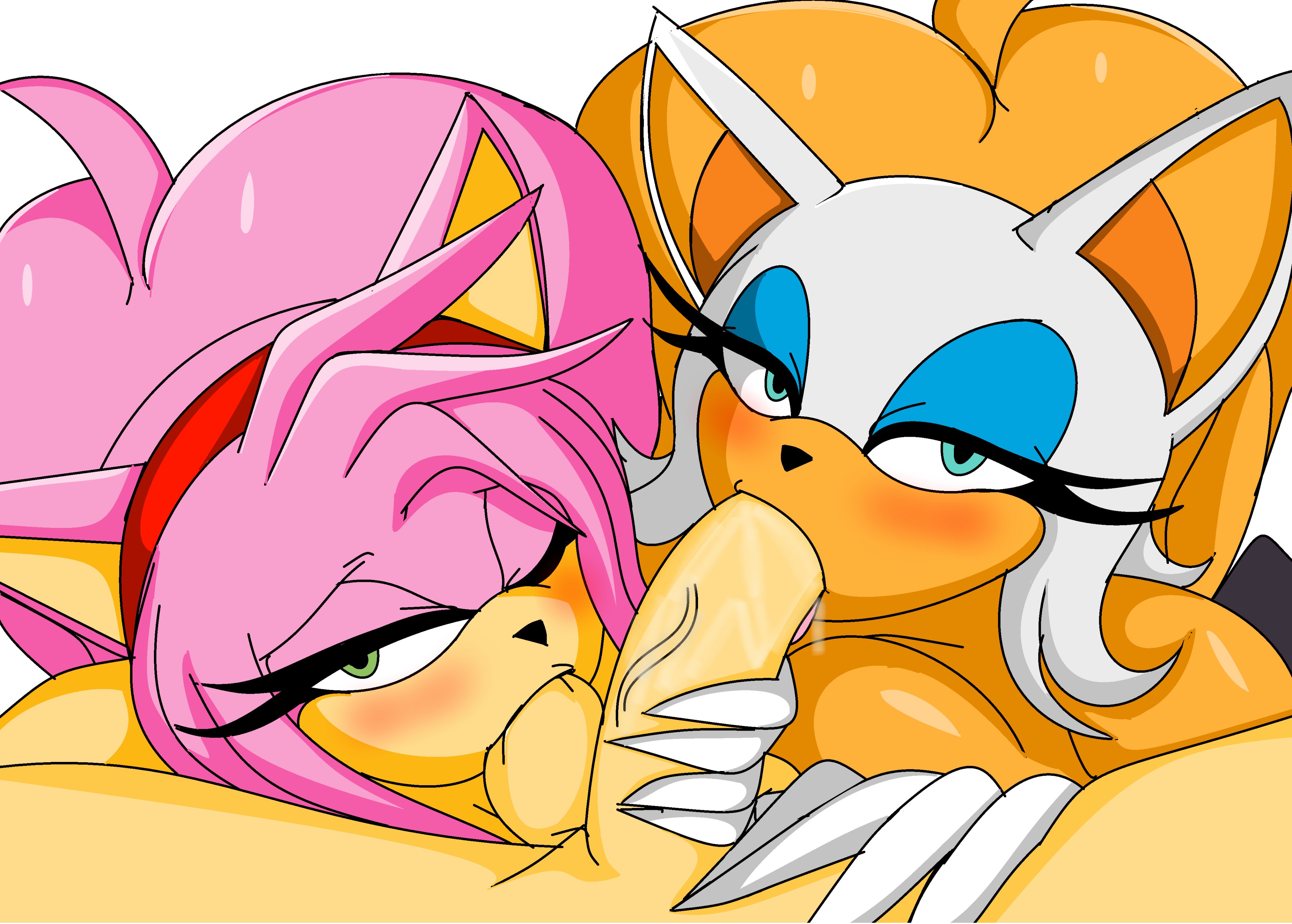 1boy, 2girls, amy rose, artist name, ass, bimbo, breasts, cbear624, collaborative fellatio, fellatio, female, fur, furry, light skin, light-skinned male, male, multiple females, multiple girls, nipples, penis, rouge the bat, sega, sonic (series), sonic the hedgehog (series), teamwork, white background, wide hips