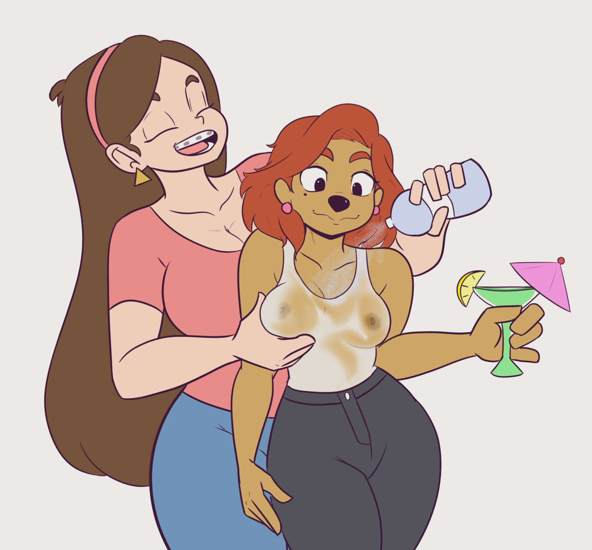 2021, 2girls, a goofy movie, aged up, anthro, anthro focus, areolae, big breasts, braces, breast grab, breasts, brown hair, cleavage, closed eyes, clothed, clothing, crossover, disney, disney channel, disney xd, domestic dog, drink, duo, earrings, female, female only, goof troop, gravity falls, hairband, human, klassyarts (artist), long hair, mabel pines, mammal, mole, mole under eye, multiple girls, nipples, red hair, roxanne (goof troop), see-through, shirt, short hair, smile, standing, tank top, very long hair, wet, wet clothes, white background