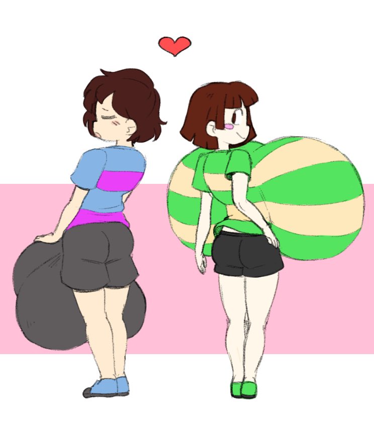 1boy, 1girls, angstrom, balls, breasts, brown hair, bulge, chara, female, female chara, frisk, heart, huge balls, huge breasts, huge cock, hyper, hyper balls, hyper breasts, hyper bulge, hyper penis, male, male frisk, penis, toby fox, top heavy, undertale, undertale (series)