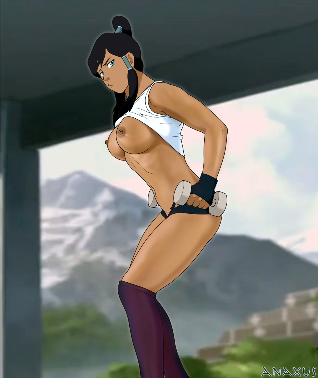 1girls, anaxus, artist name, avatar legends, blue eyes, breasts, clothing, dark skin, dark-skinned female, erect nipples, exercise, female, human, korra, medium breasts, muscles, muscular, muscular female, nickelodeon, nipples, shorts, solo, solo female, sweat, sweaty breasts, the avatar, the legend of korra, top lift, topwear, water tribe, workout