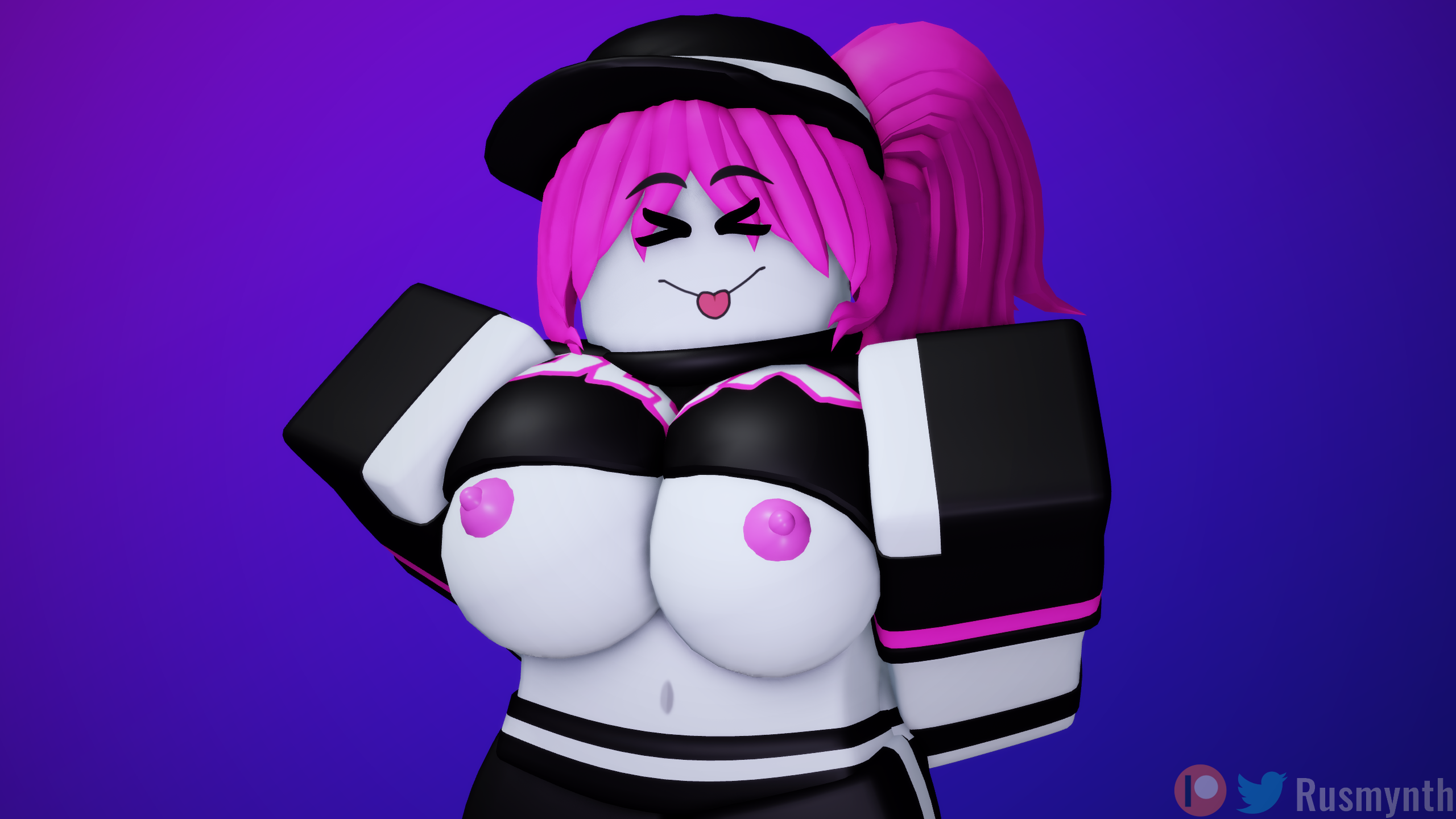:p, 3d, anon, bra, breasts, cap, female, gloves, guest (roblox), pale skin, patreon username, pink hair, pink nipples, ponytail, presenting, roblox, robloxian, rusmynth, self upload, sportswear, tagme, twitter username, white skin