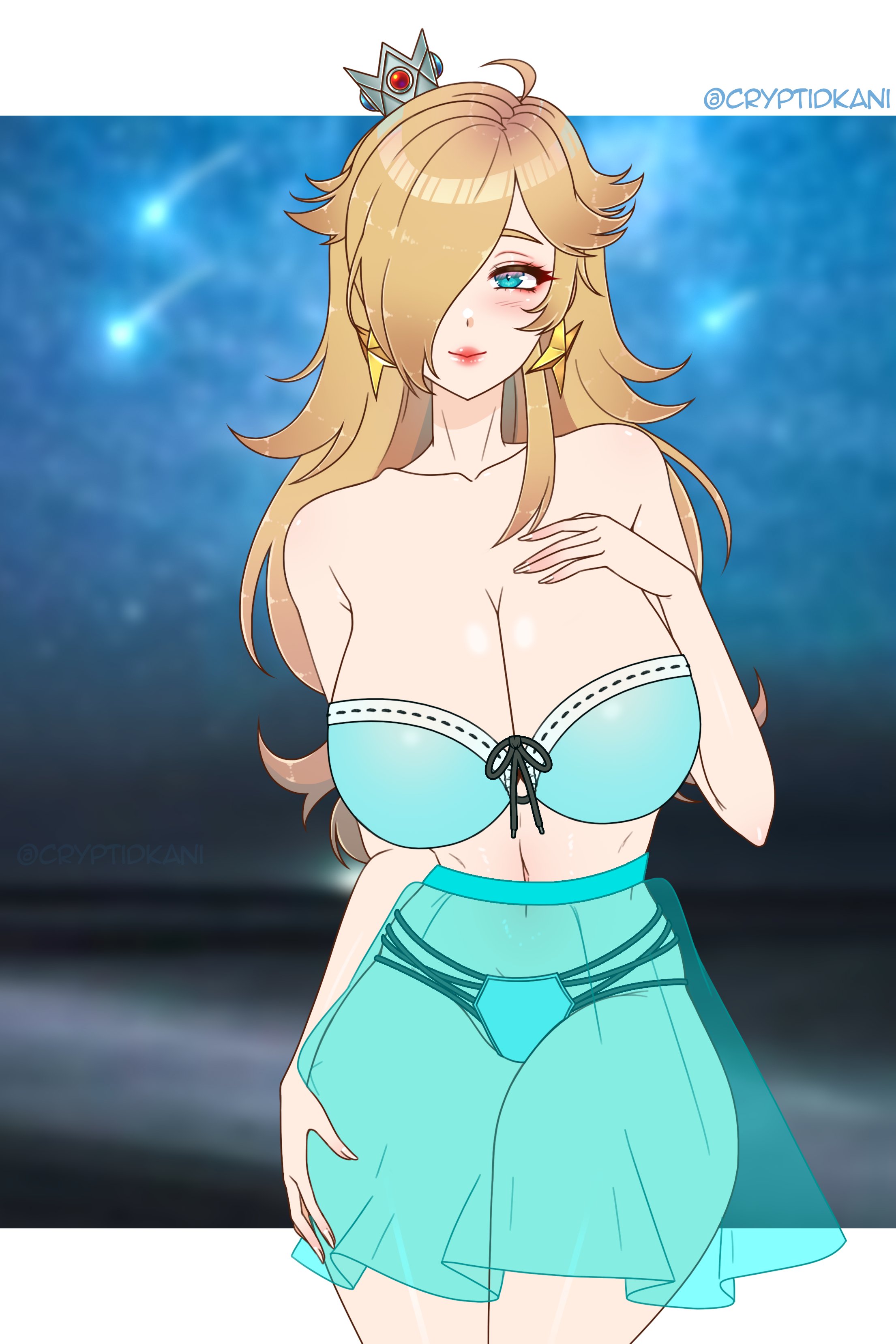 1girls, alternate costume, bare midriff, bare shoulders, bare thighs, bikini, bikini skirt, bimbo, blonde hair, blue bikini, blue hair, blue swimsuit, breasts, cleavage, crown, cryptid crab, earrings, female, hair over one eye, large breasts, light blue eyes, long hair, looking at viewer, mario (series), nintendo, princess rosalina, see-through, skirt, smile, solo, super mario galaxy, swimsuit, thick thighs