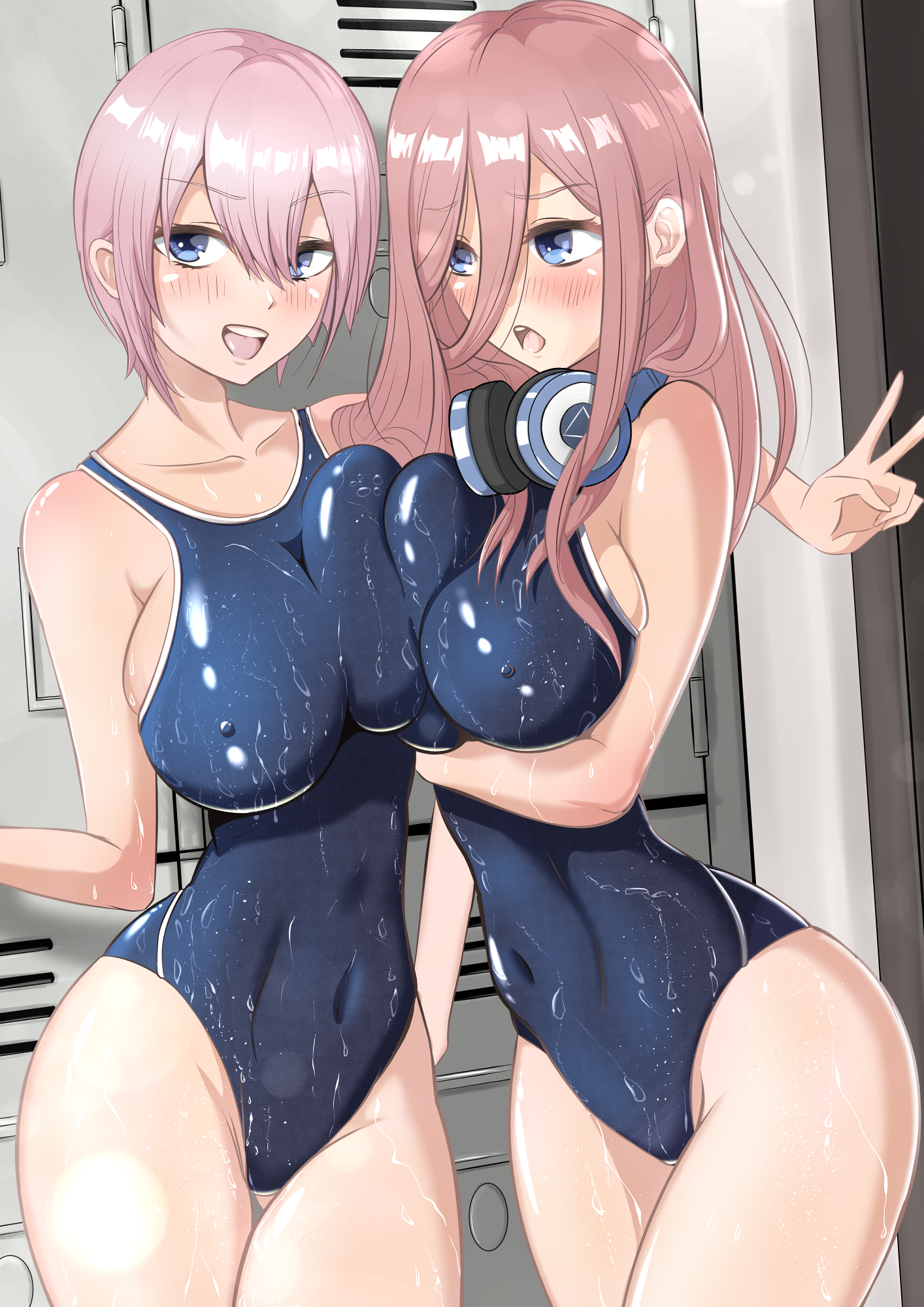 2girls, alternate hair color, arm under breasts, asymmetrical docking, bare arms, bare legs, bare shoulders, blue eyes, blush, breast to breast, breasts, busty, clothed, clothed female, clothing, curvaceous, curvy body, curvy female, curvy hips, embarrassed, erect nipples, erect nipples under clothes, eyebrows visible through hair, female, female with female, female/female, go-toubun no hanayome, hair between eyes, headphones, headphones around neck, locker, locker room, long hair, looking at viewer, multiple females, multiple girls, murikajin, nakano ichika, nakano miku, navel, nipples, one-piece swimsuit, peace sign, pink hair, school swimsuit, shiny, shiny clothes, shiny hair, shiny skin, shoulder length hair, sisters, skimpy, skimpy clothes, slim waist, soaked, surprised, swimsuit, tight clothing, tights, twins, v, visible nipples, wet, wet breasts, wet clothes, wet skin, wet swimsuit, wide hips, yuri