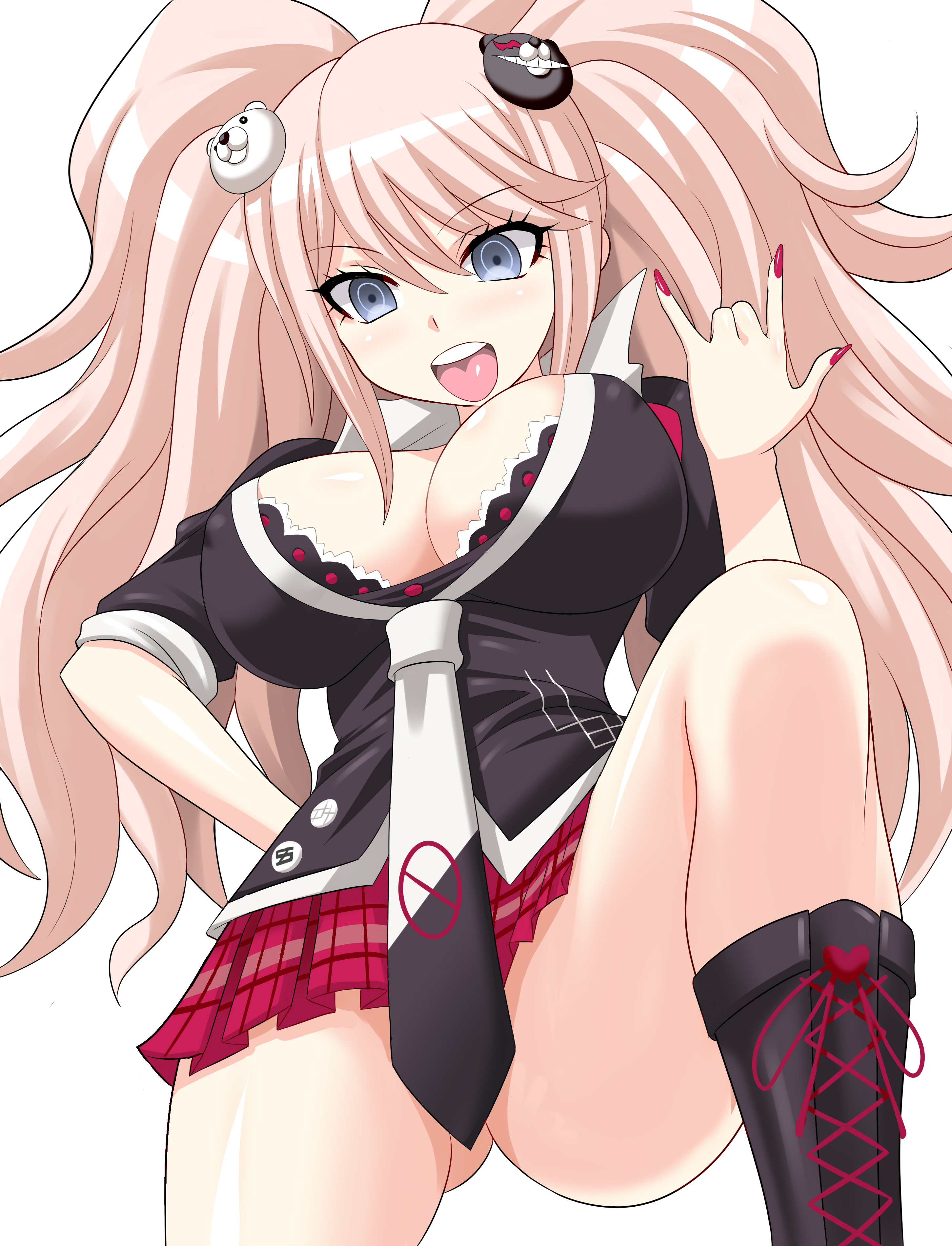 1girls, anime style, ass visible through thighs, big breasts, blonde hair, blue eyes, boots, bra, breasts, convenient censoring, covered nipples, danganronpa, favorite, female, huge breasts, junko enoshima, konno tohiro, looking at viewer, no panties, open mouth, picot trim, picot trim bra, red nails, school uniform, skirt, smile, solo, spread legs, straight hair, strawberry blonde hair, tie, tongue, tongue out, twintails, underwear