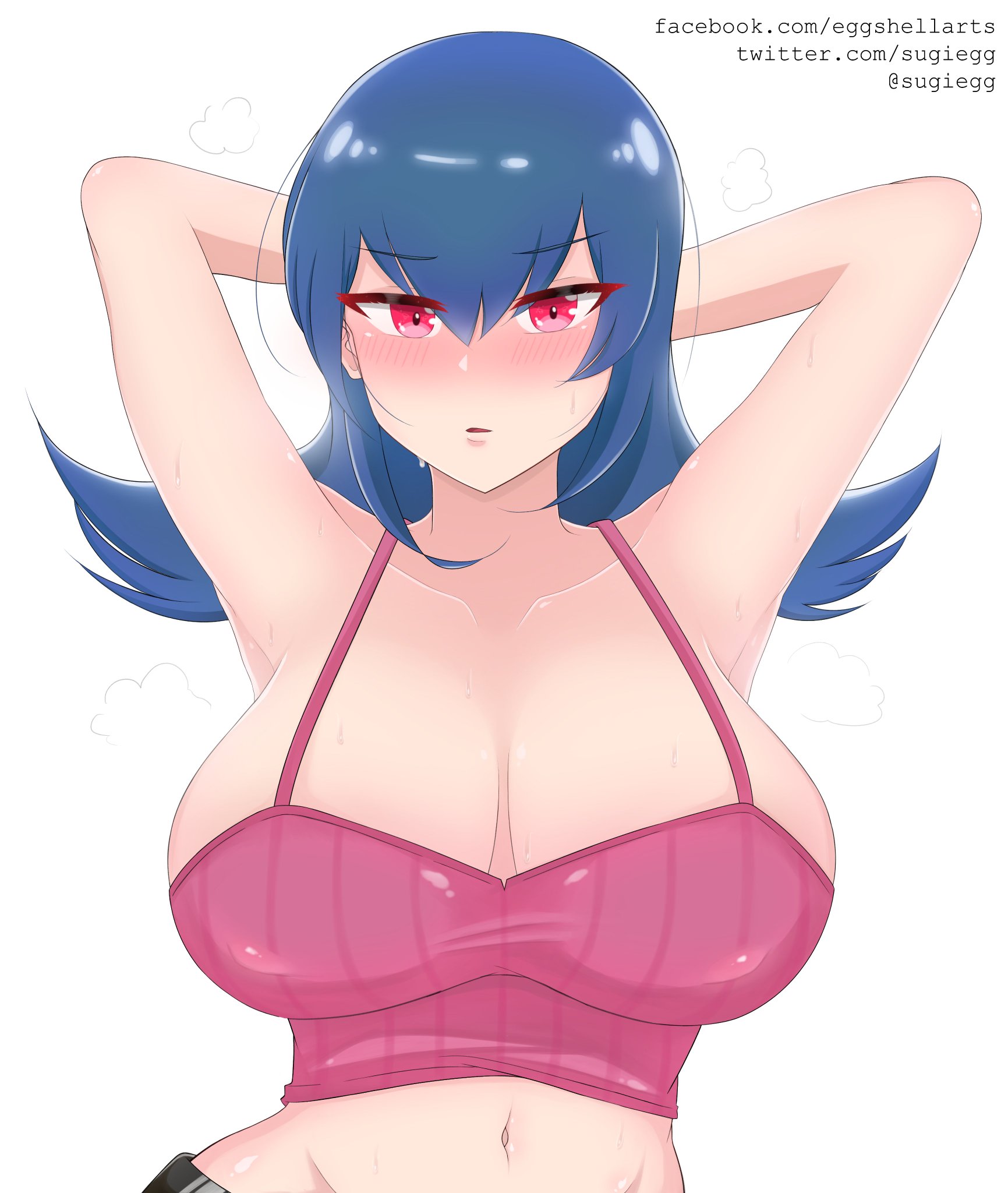 alternate breast size, armpits, belt, blue hair, blush, breasts, crop top, female, female only, game freak, gym leader, hands behind head, large breasts, navel, nintendo, pink crop top, pokemon, pokemon hgss, red eyes, sabrina (pokemon hgss), sabrina (pokemon), short hair, solo, solo female, sugiegg, sweat, voluptuous, white background
