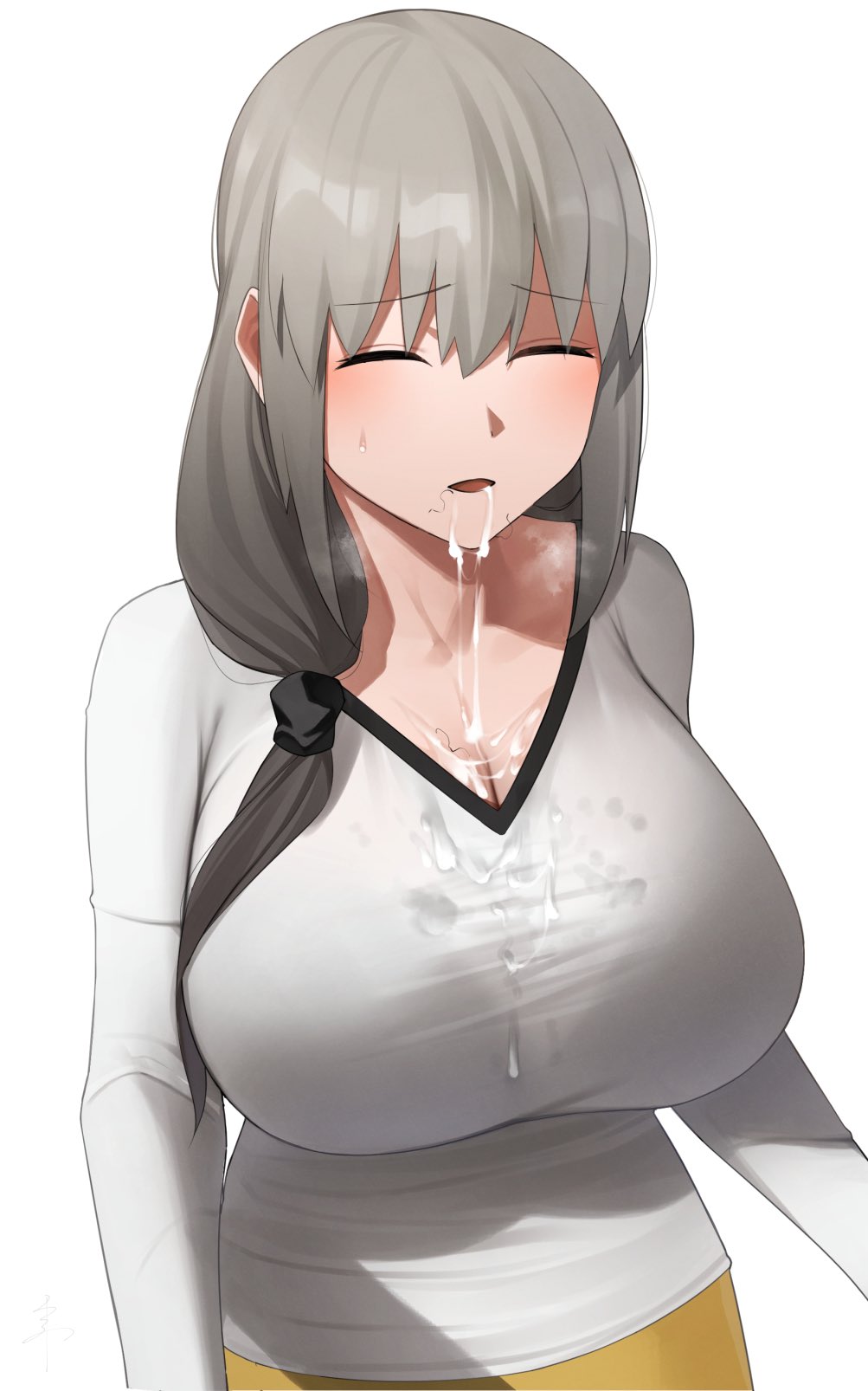 after_oral closed_eyes clothed clothing cum cum_drip cum_in_mouth cum_on_breasts cum_on_clothes cum_on_face grey_hair hair_between_eyes milf mother open_mouth ponytail senju_(snz0) side_ponytail stray_pubic_hair sweat uzaki-chan_wa_asobitai! uzaki_tsuki