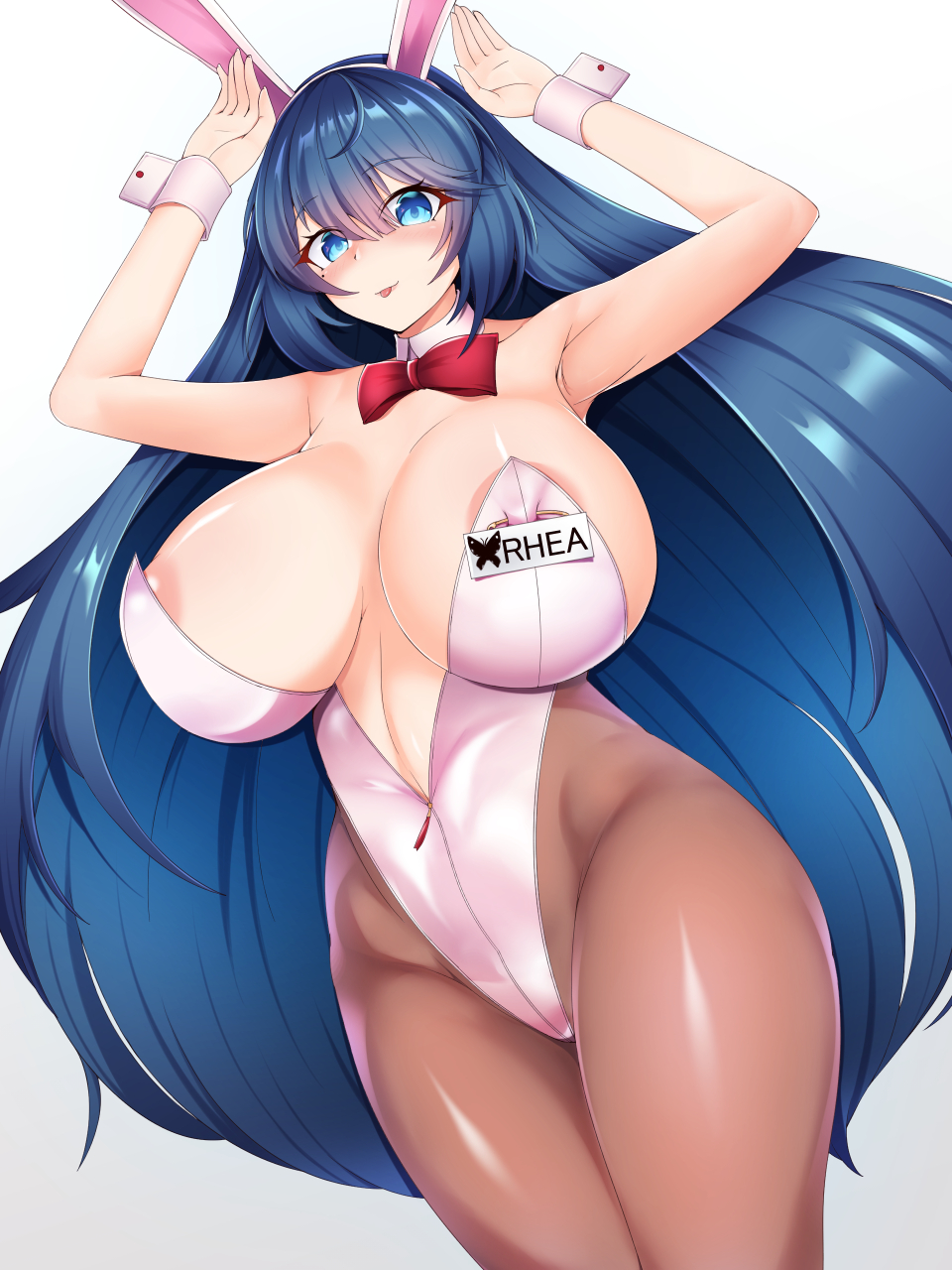 1girls 2021 :p alternate_version_available areola_slip arms_up big_breasts black_legwear black_pantyhose blue_eyes blue_hair breasts brown_legwear brown_pantyhose bunny_ears cleavage covered_navel covered_nipples covered_pussy female female_focus female_only happy_female horny_female huge_breasts last_origin legwear leotard long_hair no_bra oberonia_rhea pantyhose pink_leotard pink_wrist_cuffs simple_background solo solo_female solo_focus sooottrick standing thick_thighs thighs tongue tongue_out white_background wrist_cuffs