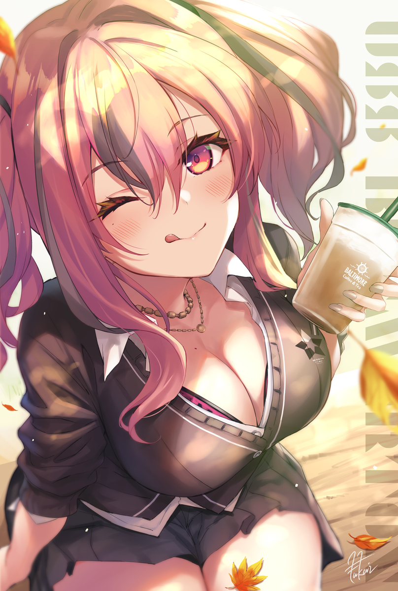 artist_request azur_lane beauty_mark big_breasts bra bremerton_(azur_lane) cleavage clothed clothing coffee fukai_ryousuke hair_ornament midriff mole_on_breast mole_under_eye necklace pink_eyes pink_hair revealing_clothes school_uniform seductive sitting skimpy skimpy_clothes skirt smile smiling_at_viewer starbucks sweater thick_thighs thin_waist tongue_out two_tone_hair wide_hips