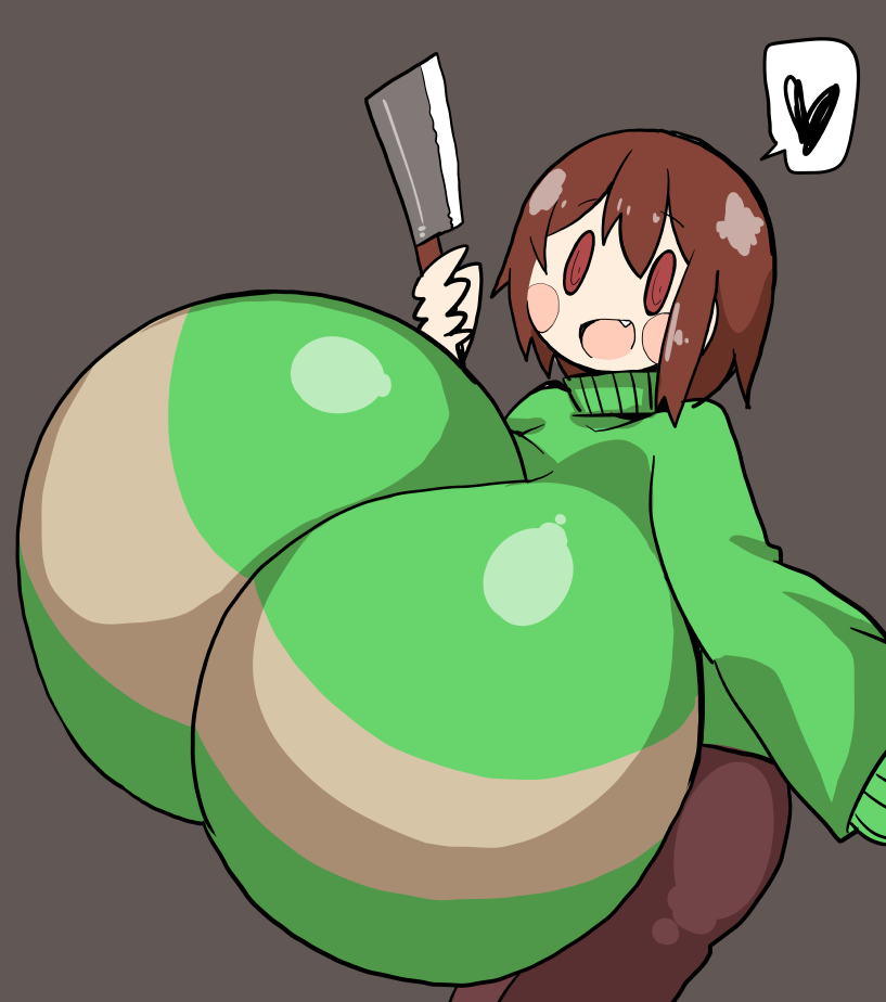 1girls 2d big_breasts breasts breasts_bigger_than_head brown_hair chara cleaver clothed clothes clothing enormous_breasts eyebrows female female_only fully_clothed gigantic_breasts hair heart hips holding holding_object huge_breasts human human_female human_only humanoid hyper hyper_breasts large_breasts looking_at_viewer massive_breasts open_mouth petronoise red_eyes shadow short_hair simple_background solo solo_female speech_bubble sweater teeth thick thick_thighs thighs toby_fox tongue top_heavy undertale undertale_(series) voluptuous wide_hips