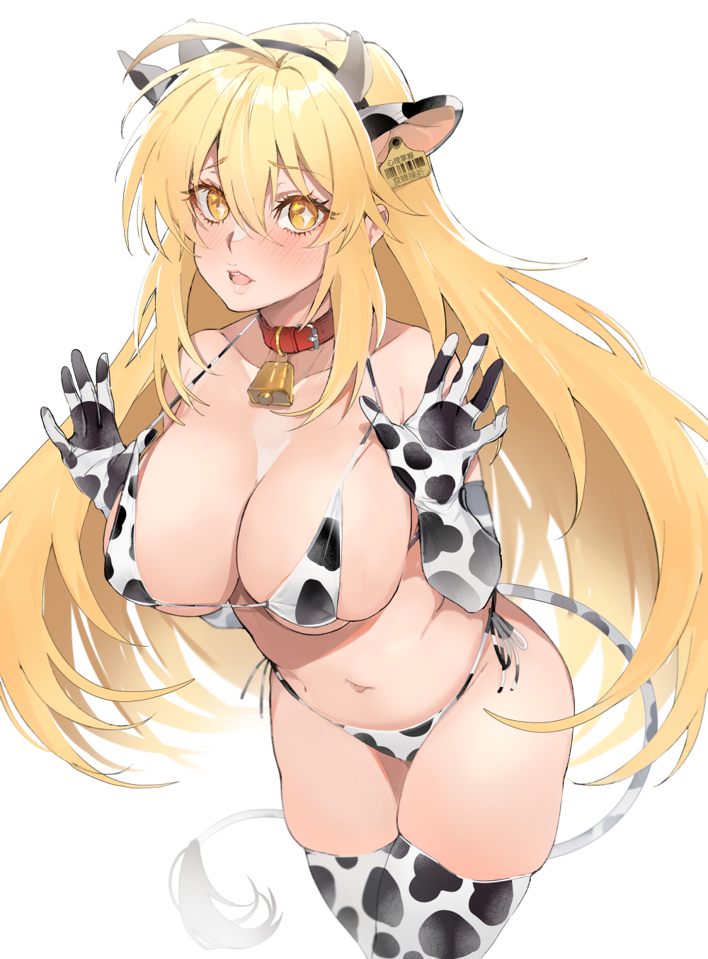 1girls, ahoge, bell, bikini, blonde hair, blush, breasts, collar, cow bikini, cow ears, cow girl, cow print, cow tail, cowbell, ear tag, elbow gloves, fake animal ears, female, gloves, hair between eyes, highres, kagura kurosaki, large breasts, looking at viewer, micro bikini, navel, shokuhou misaki, side-tie bikini, solo, standing, thighhighs, to aru kagaku no railgun, to aru majutsu no index, very long hair, white background, yellow eyes
